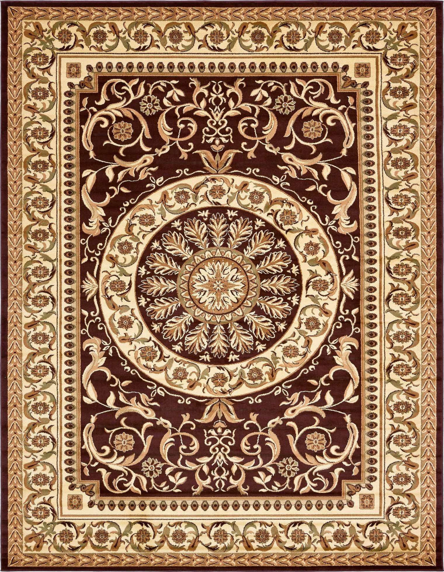 A 10x13 rectangular Chateau rug featuring a traditional medallion and botanical pattern in rich browns and tans.