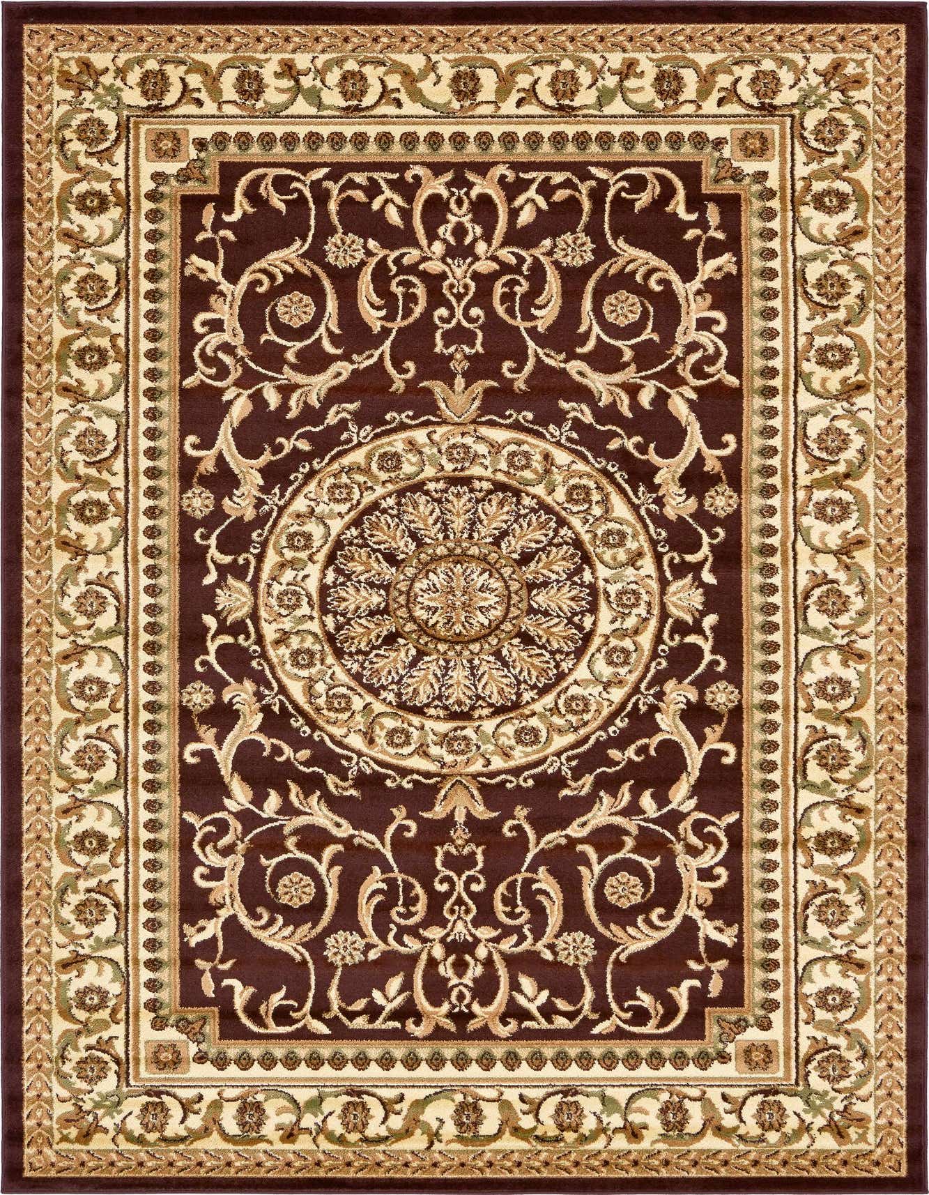 A 6x9 rectangular brown traditional rug with an ornate medallion and botanical patterns in tan and cream.