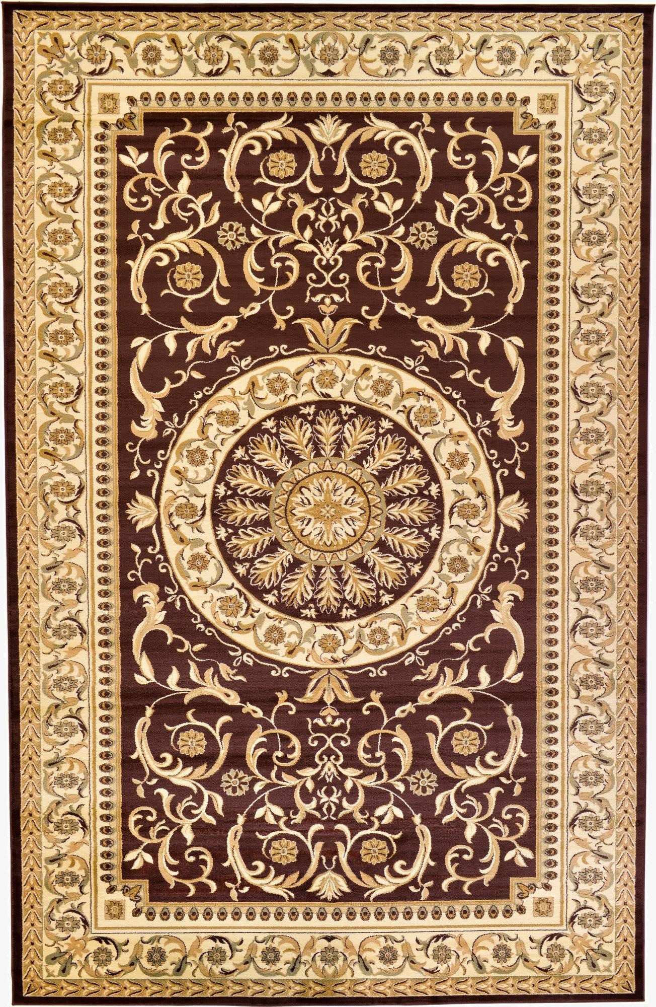 A 10x16 rectangular brown area rug with a traditional medallion and botanical pattern in tan and cream, suitable for an indoor living space.