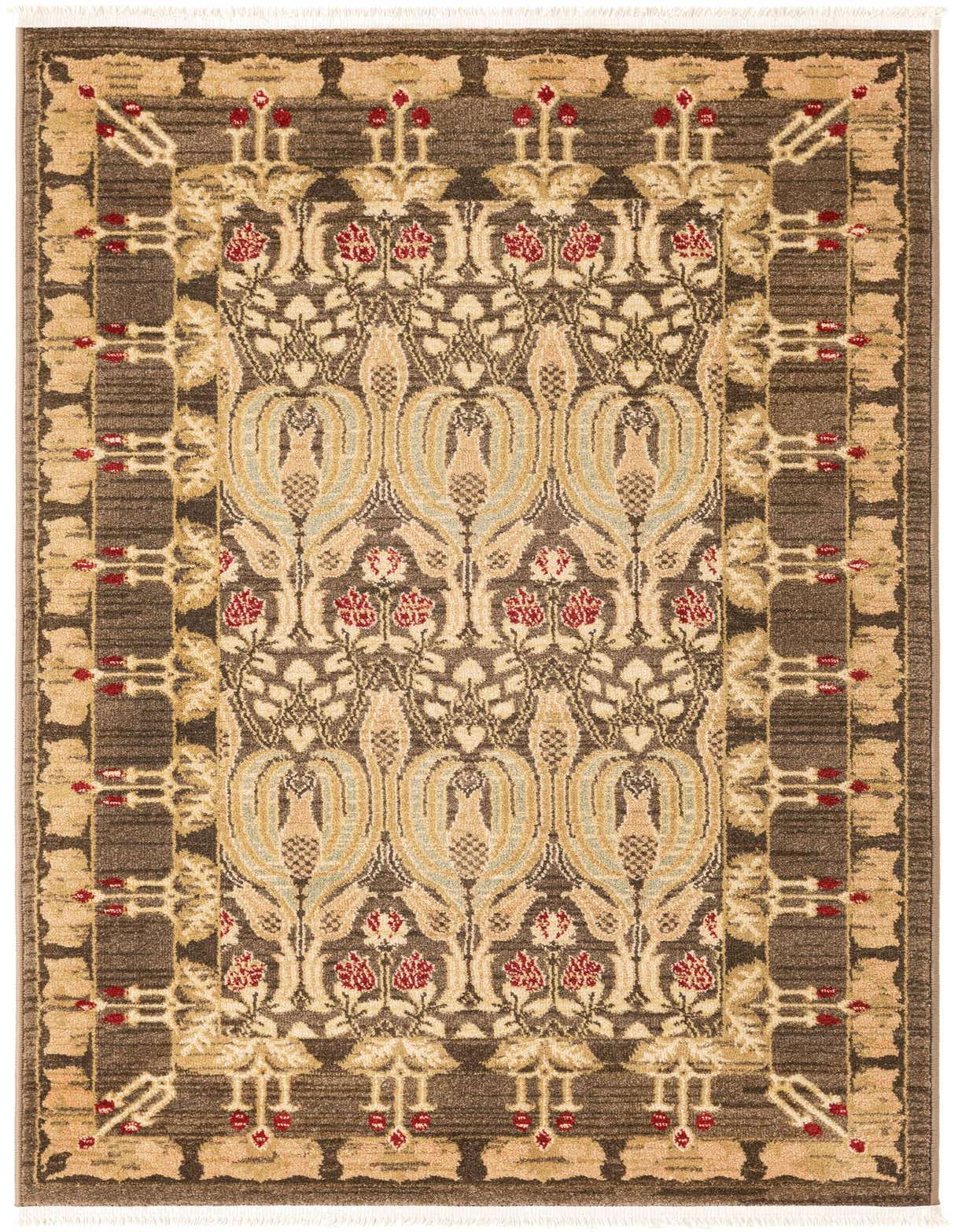 A 3x5 rectangular Rugs.com Chelsea rug in browns and tans with a traditional floral pattern, ideal for an entryway.