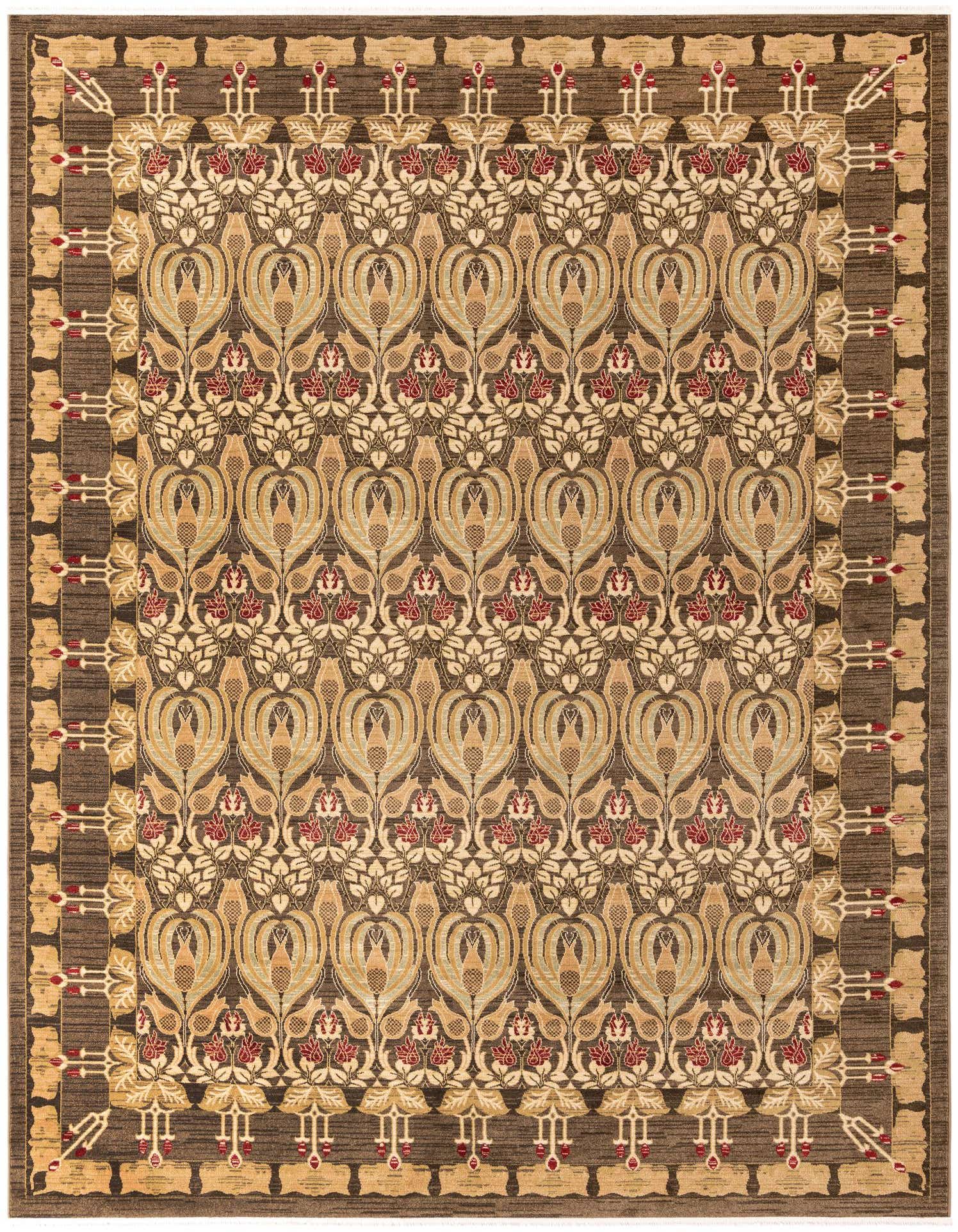 A 10x13 rectangular Rugs.com Chelsea rug with a modern floral pattern in shades of brown, tan, and red, suitable for a living room.