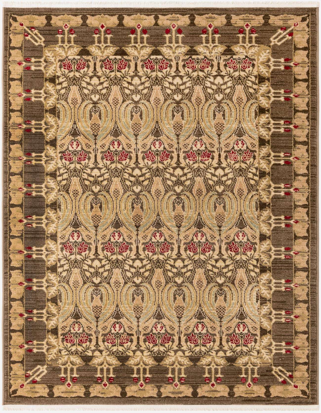 A 4x6 rectangular Chelsea rug featuring a modern floral pattern in shades of brown, tan, and red, suitable for an indoor living space.