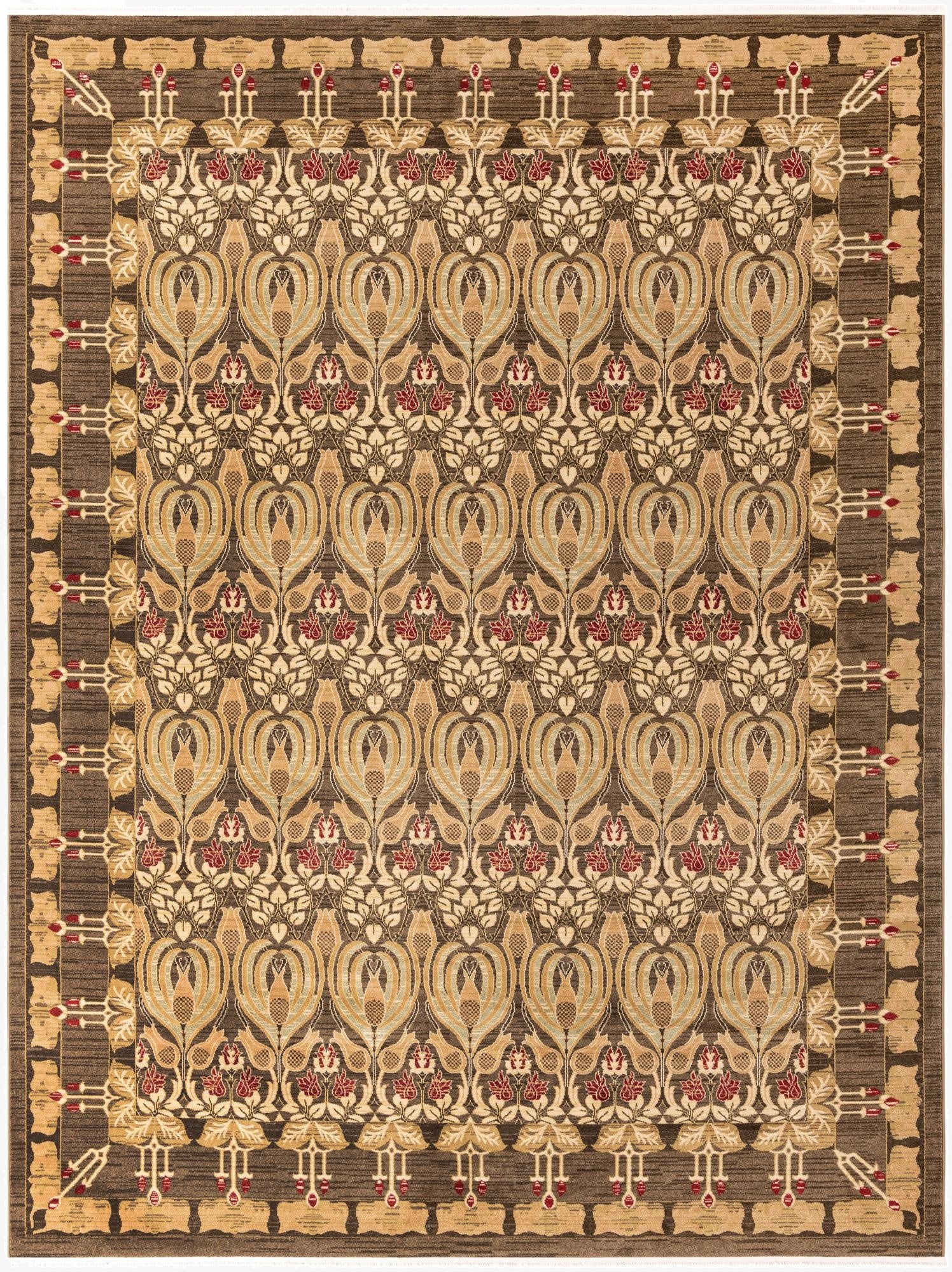 A 10x13 rectangular Rugs.com Chelsea rug with a modern floral pattern in shades of brown, tan, and red, suitable for a living room.