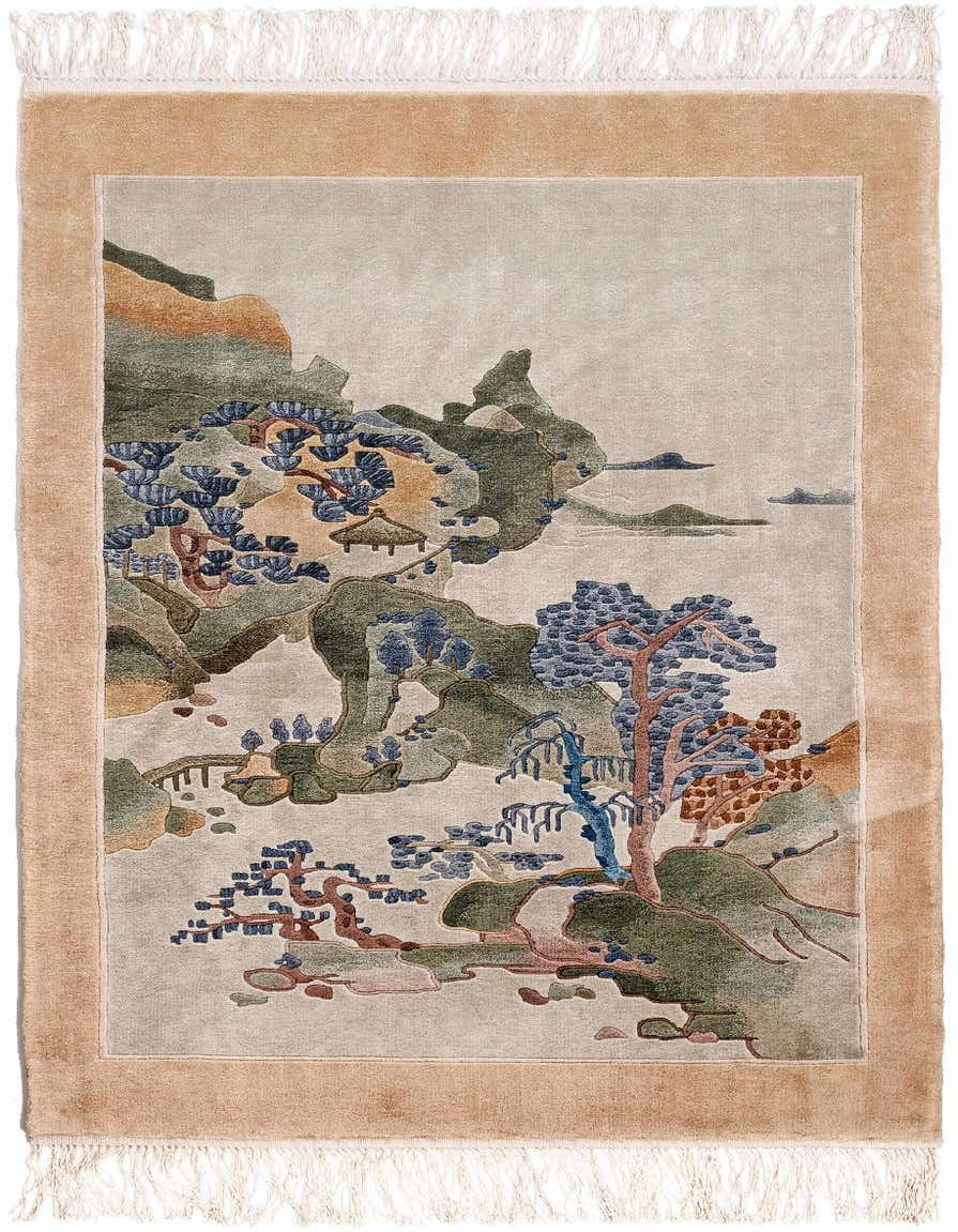A 2x3 rectangular China Silk rug featuring a detailed traditional landscape scene in muted browns, tans, greens, and blues, with a solid tan border and fringe.