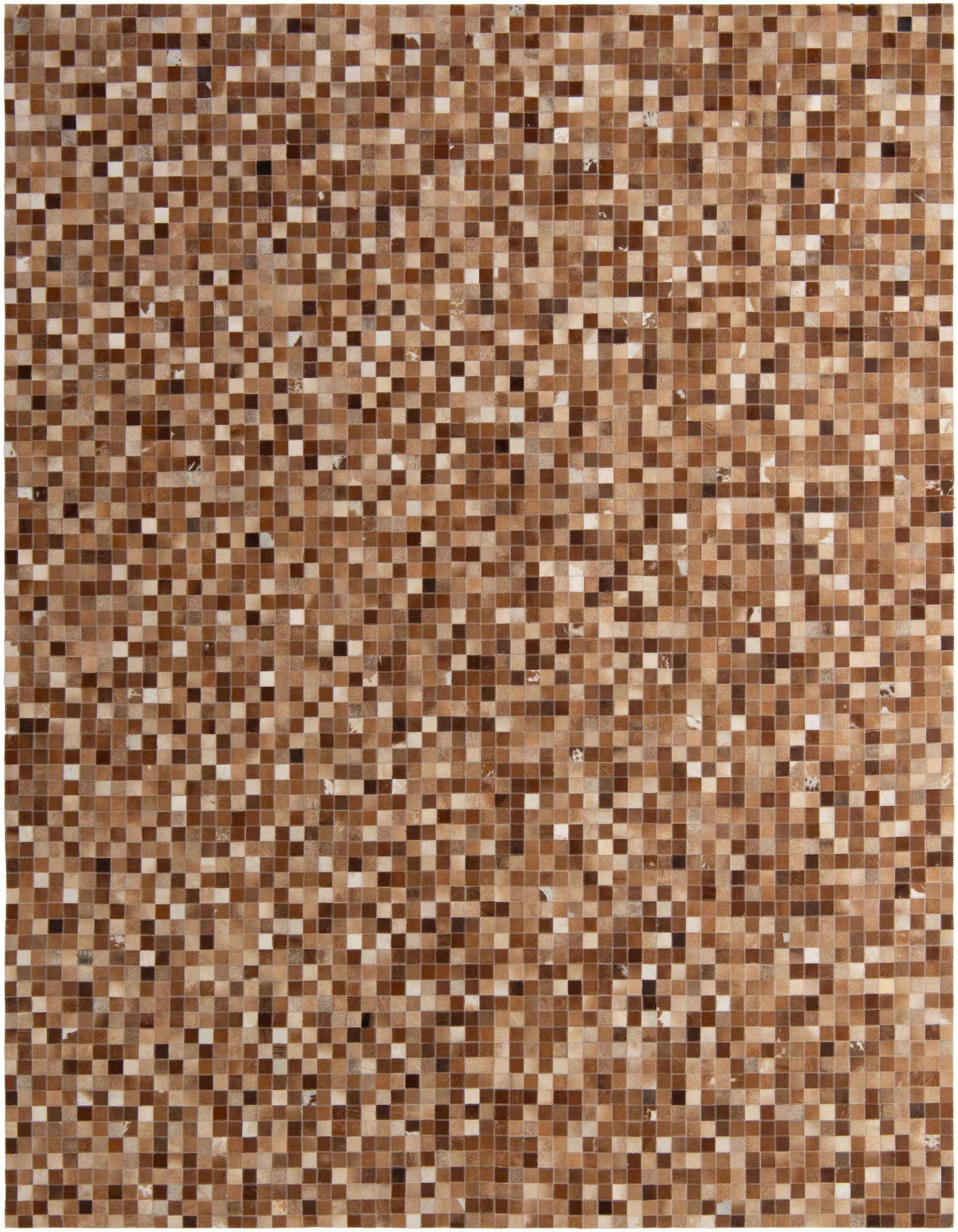 A rectangular 8x10 brown and tan patchwork cowhide rug with a modern pixelated design, suitable for a living room.
