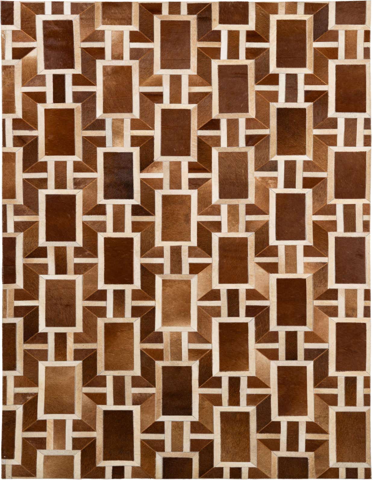 A 5x8 rectangular Cowhide - Patchwork rug featuring a modern geometric pattern in varying shades of brown and tan.
