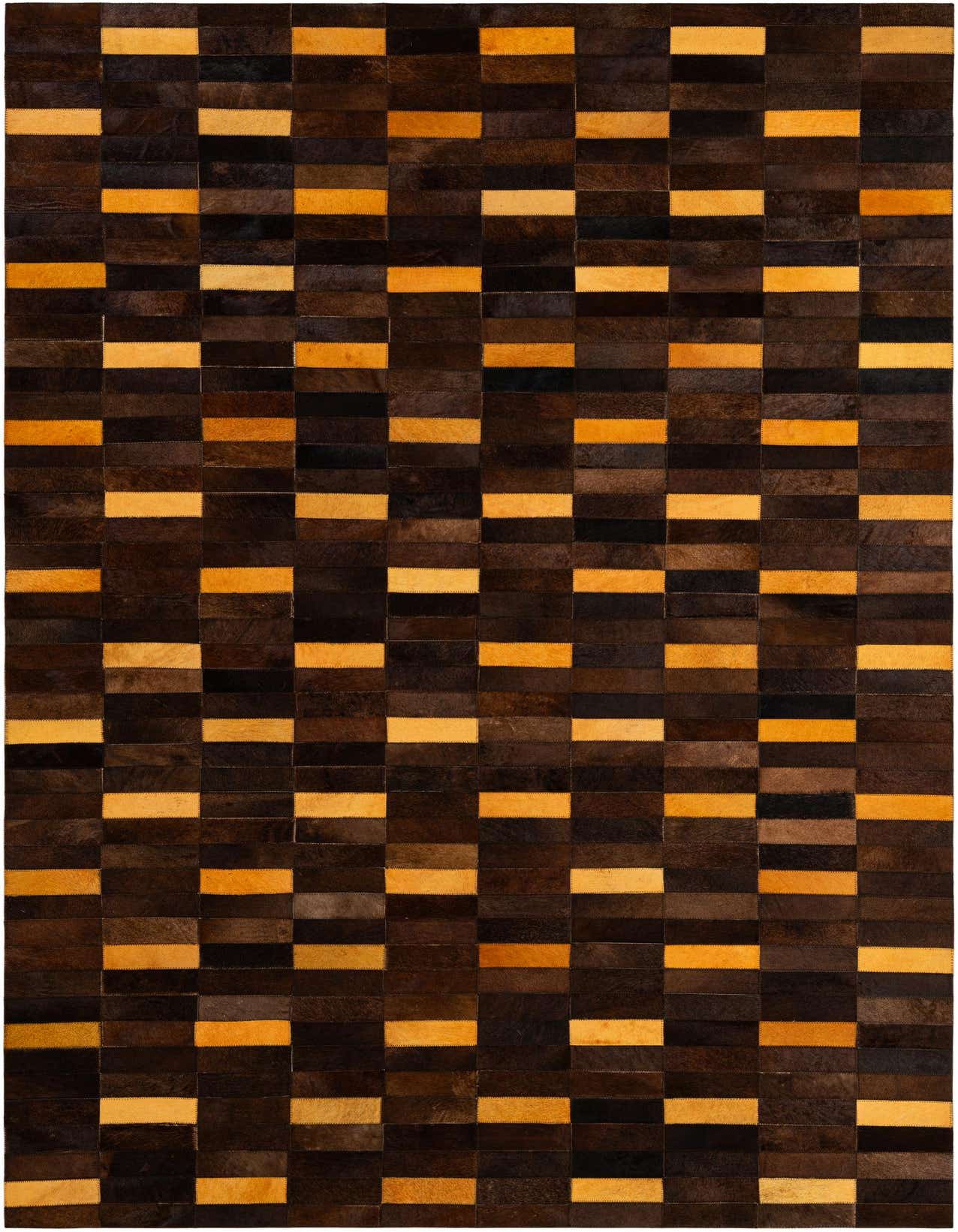A 5x8 rectangular Cowhide Patchwork rug featuring a modern stripe pattern in varying shades of brown and tan.