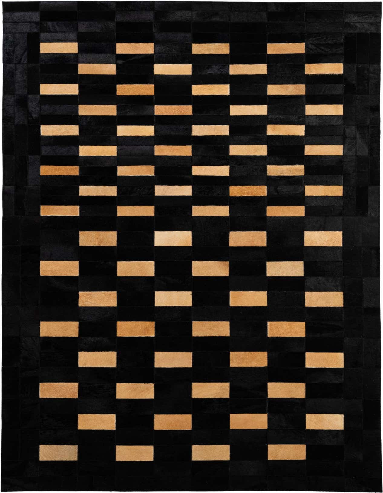 A rectangular 5x8 modern cowhide rug featuring a patchwork design of alternating black and tan rectangular blocks.