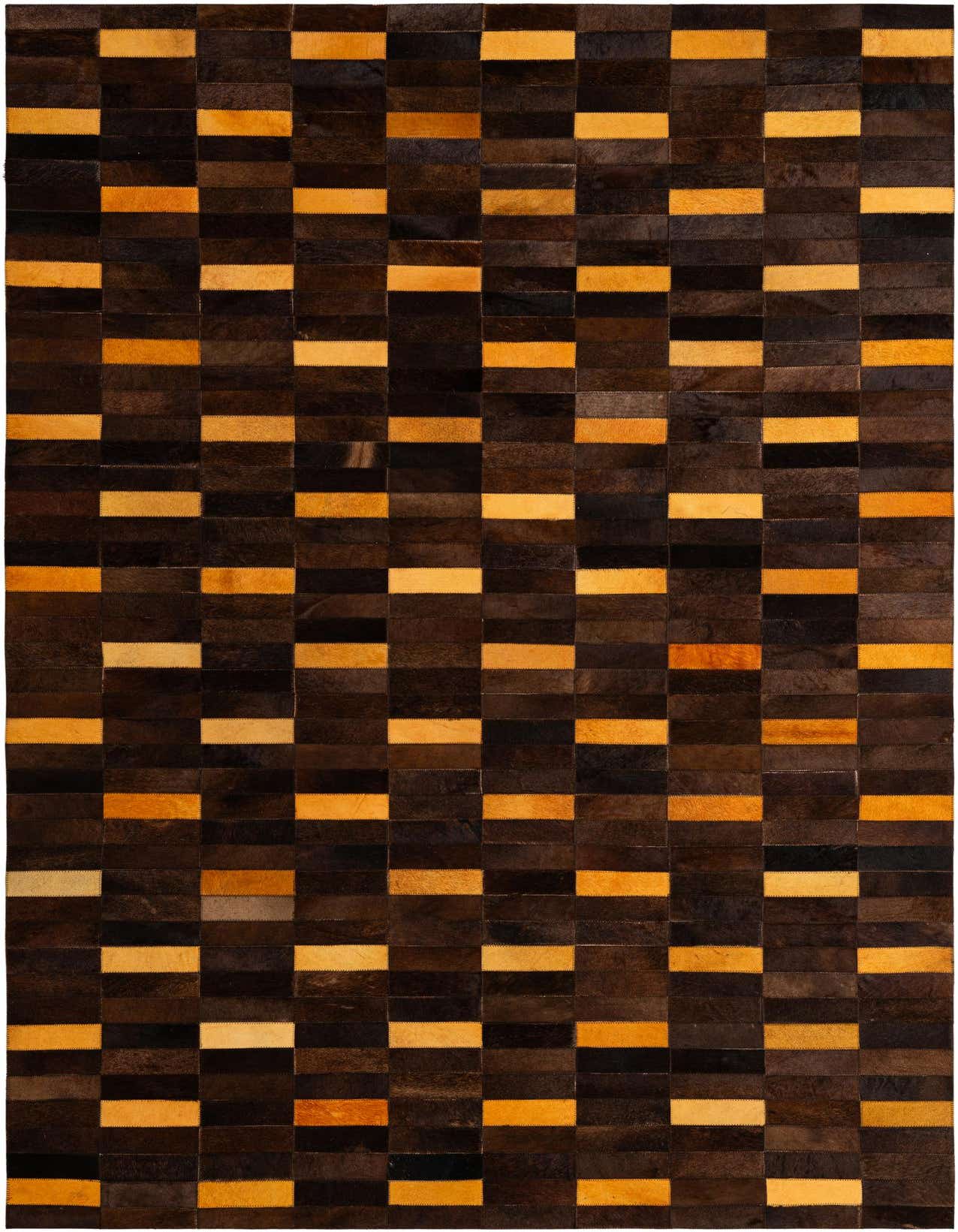A 5x8 rectangular Cowhide Patchwork rug featuring a modern stripe pattern in varying shades of brown and tan.