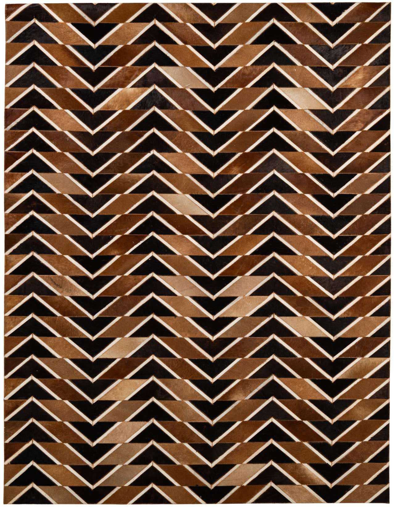 A rectangular 5x8 brown cowhide rug with a modern chevron pattern in varying shades of brown, tan, and black.