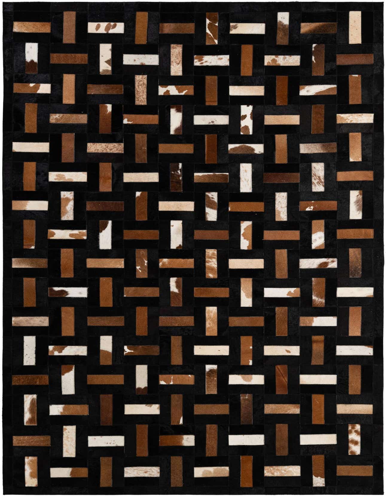 A 5x8 rectangular Cowhide Patchwork rug featuring a modern stripe pattern in varying shades of brown, tan, and white against a black background.