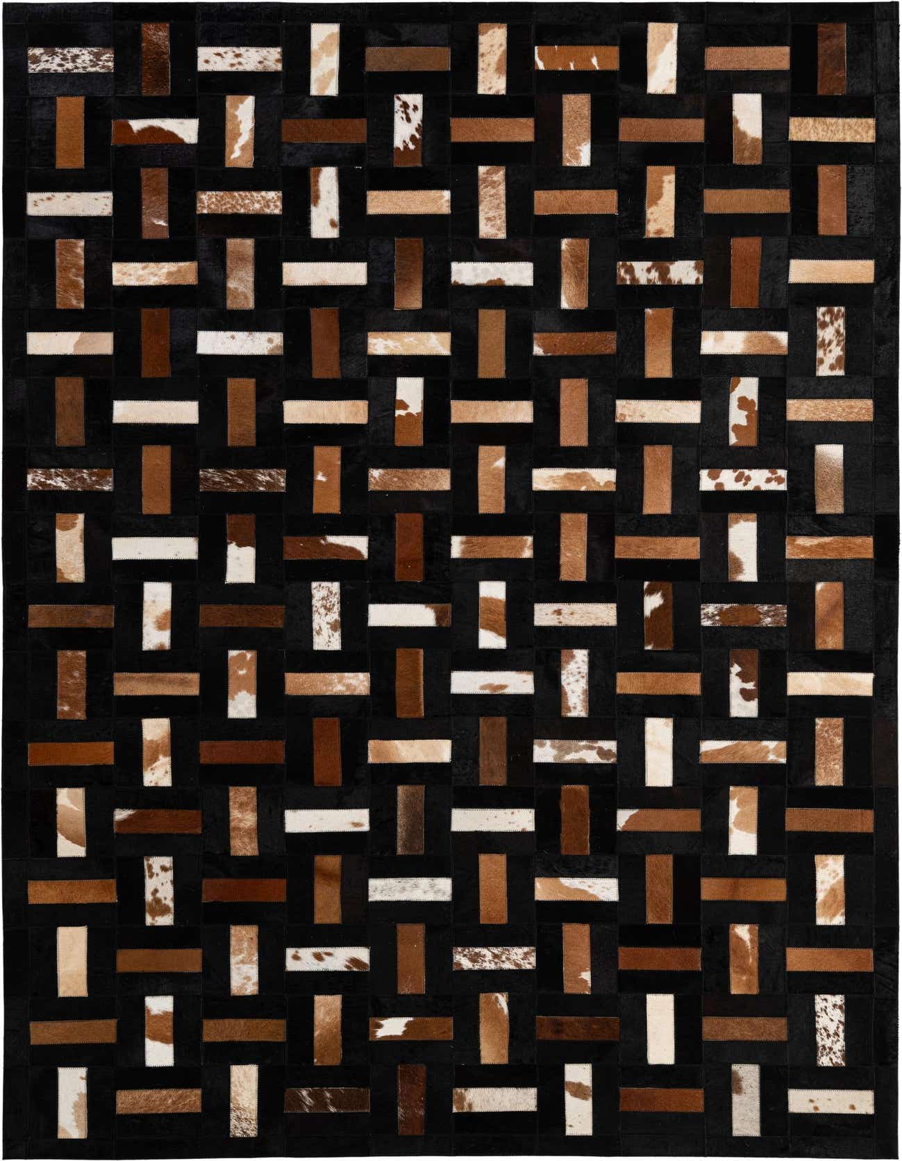 A 5x8 rectangular Cowhide Patchwork rug featuring a modern stripe pattern in various shades of brown, tan, and white against a black background.