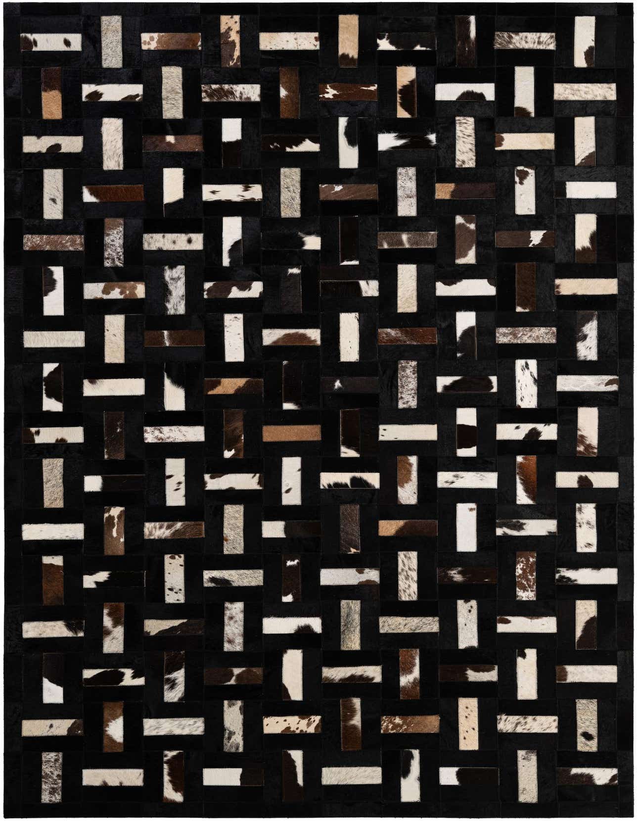 A 5x8 rectangular Cowhide Patchwork rug featuring a modern stripe pattern in various shades of brown, tan, and white against a dark background.