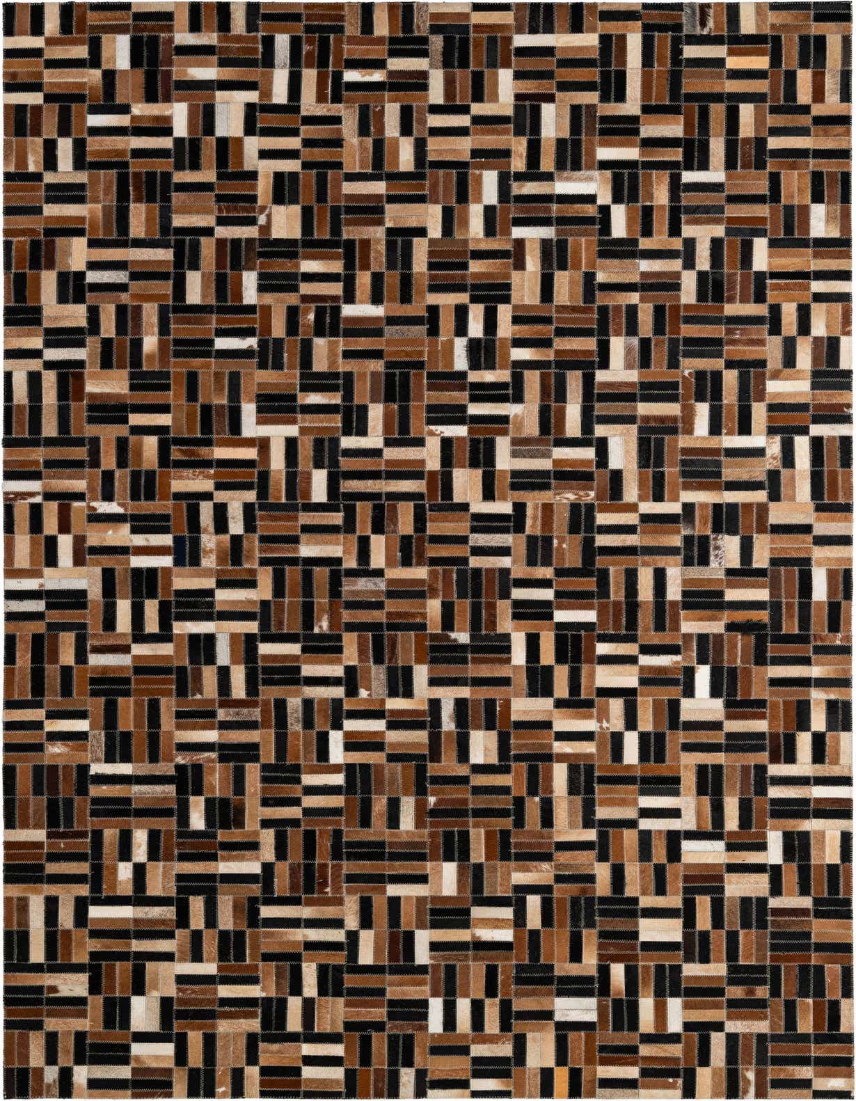 A 5x8 rectangular Cowhide Patchwork rug featuring a modern stripe pattern in various shades of brown, tan, and black.