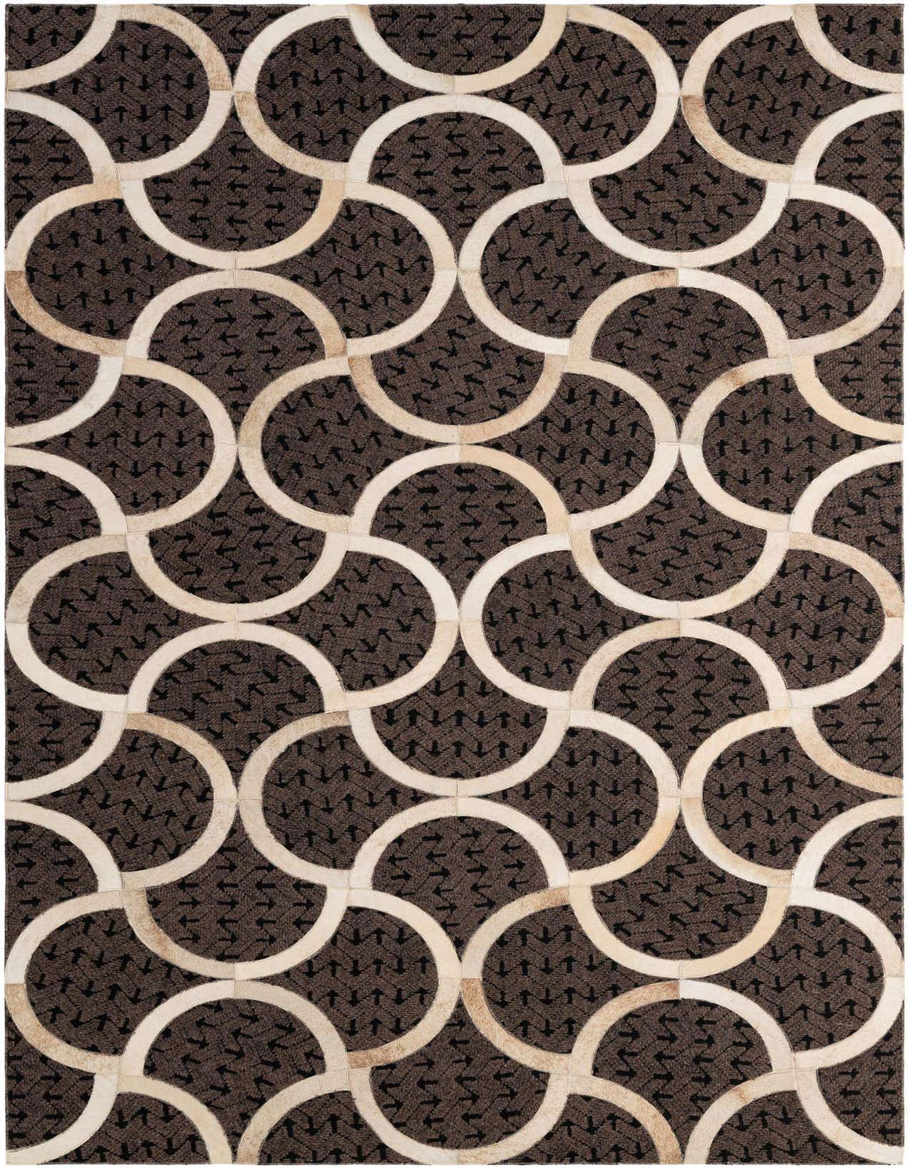 A 5x8 rectangular Cowhide & Leather rug featuring a modern abstract pattern of interlocking light brown and tan circles on a dark brown background.