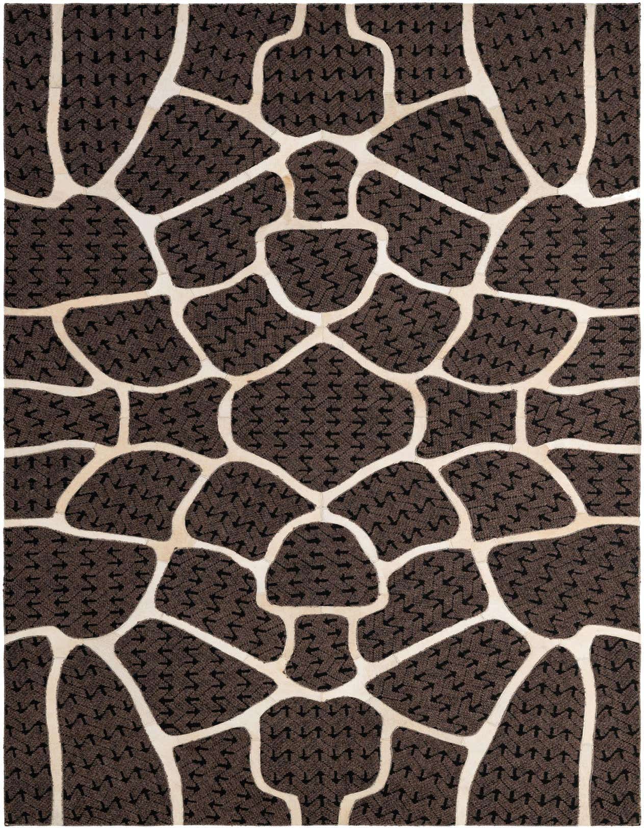 A 5x8 rectangular Cowhide - Patchwork rug featuring a modern, abstract pattern of dark brown shapes outlined by light tan, resembling an animal print.