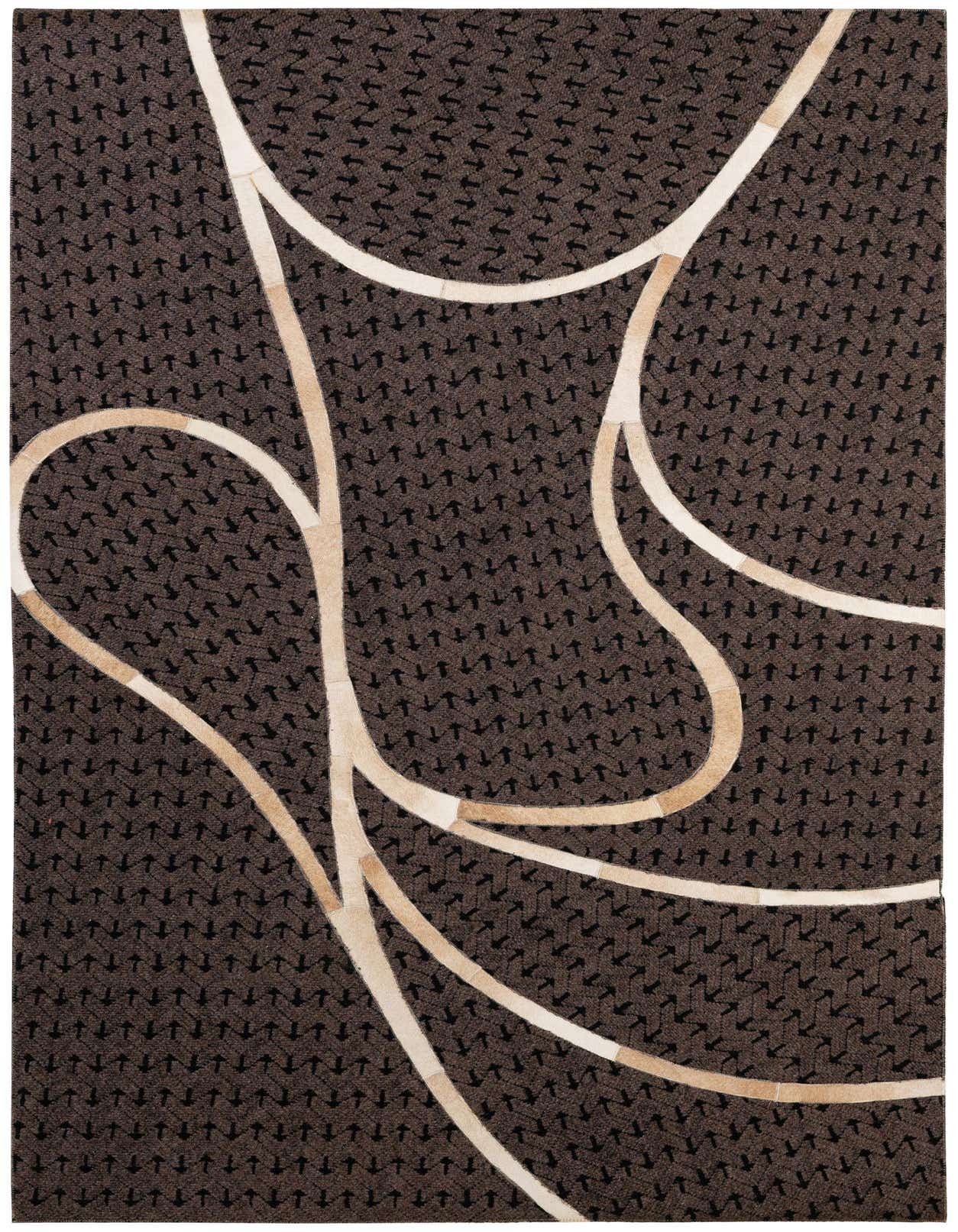 A 5x8 rectangular Cowhide & Leather rug featuring a modern abstract pattern of light brown and tan curved lines on a dark brown background.