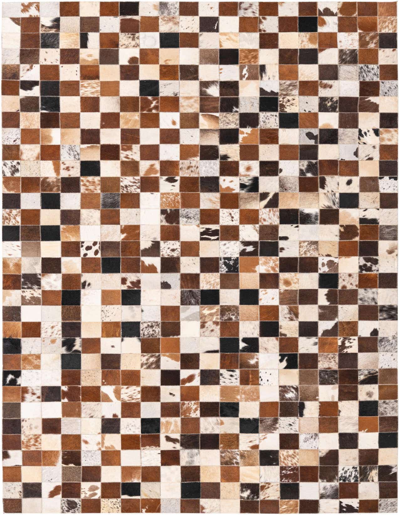 A rectangular 5x8 modern cowhide rug with a checkerboard pattern in various shades of brown, tan, black, and white.