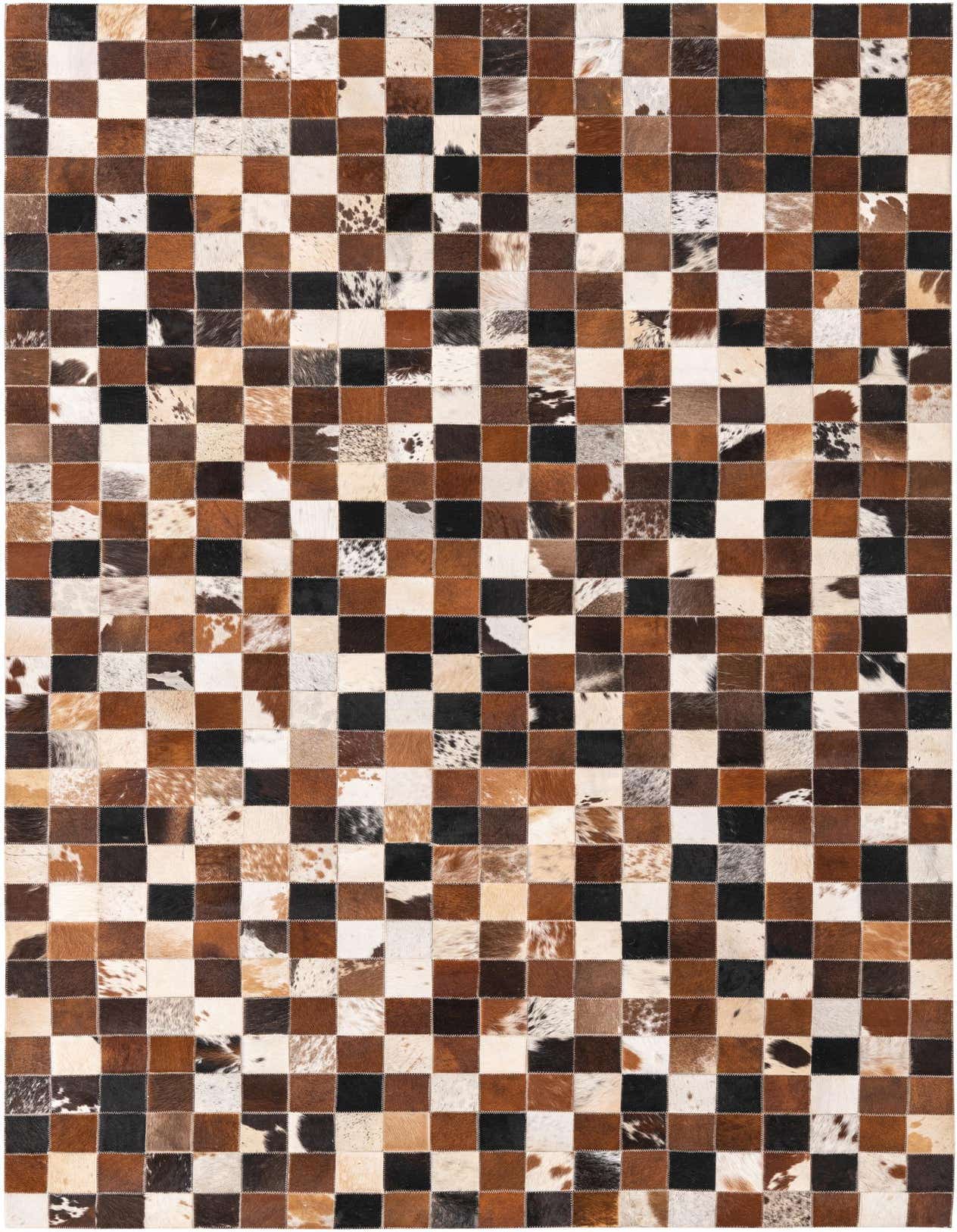 A 5x8 rectangular Cowhide Leather rug featuring a modern checkered pattern in various shades of brown, tan, black, and white.