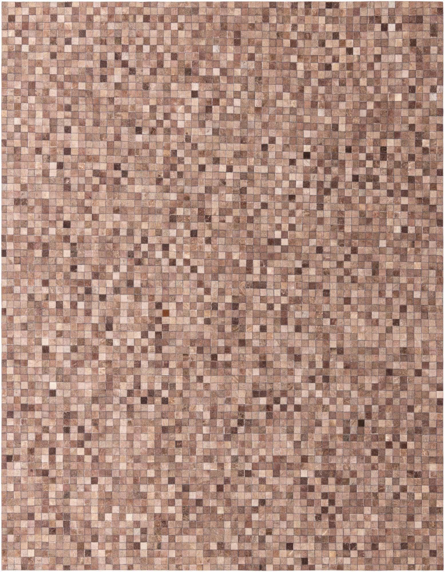 8x10 rectangular Cowhide Leather rug featuring a modern mosaic pattern in various shades of brown and tan.