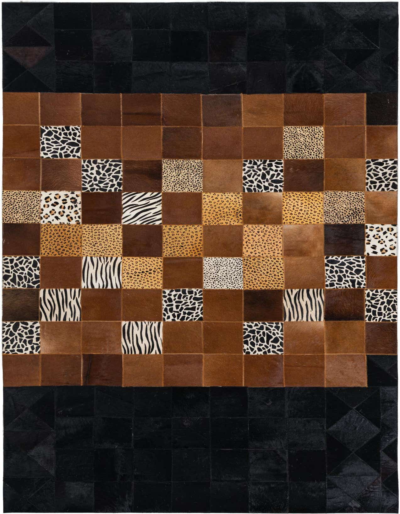 A 5x8 rectangular Cowhide Leather rug featuring a modern patchwork design in shades of brown, tan, black, and white animal prints.