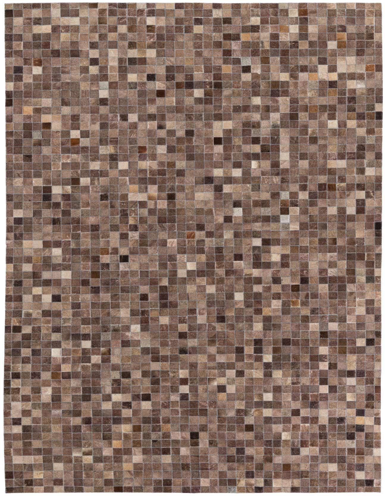 A 5x8 rectangular Cowhide Leather rug featuring a modern mosaic pattern of various brown and tan squares.