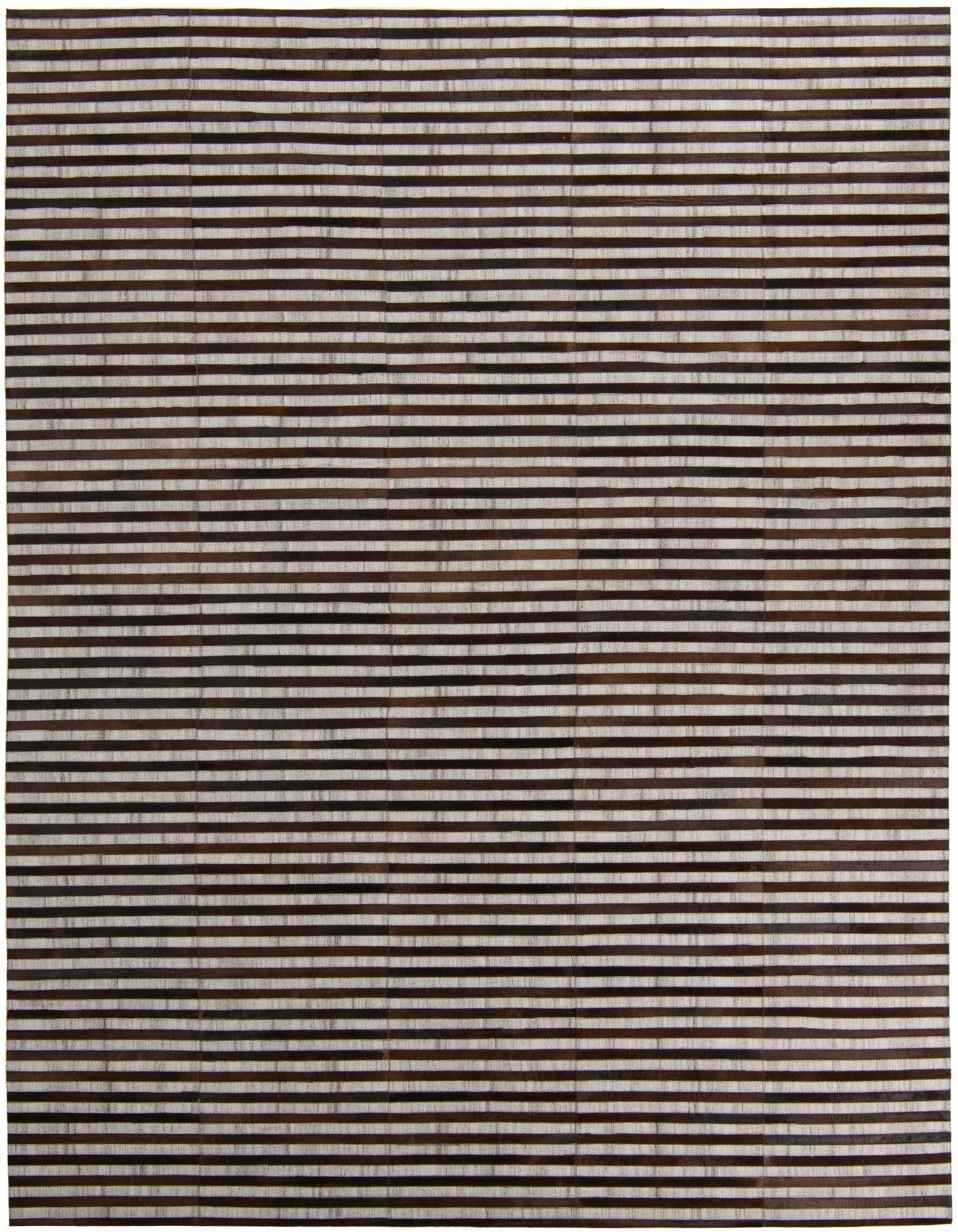 8x10 rectangular Cowhide Leather rug featuring horizontal stripes in varying shades of brown and tan.