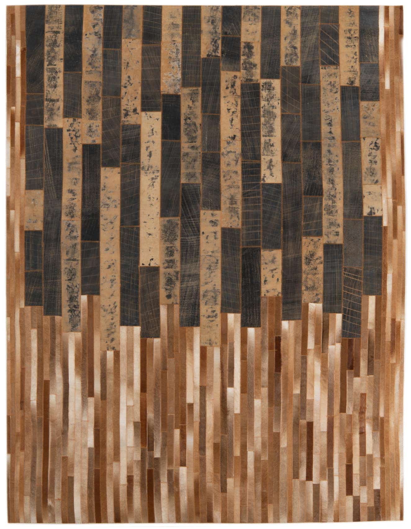 A 5x8 rectangular Cowhide Leather rug featuring an abstract pattern of dark brown and tan vertical strips, ideal for a modern living room.