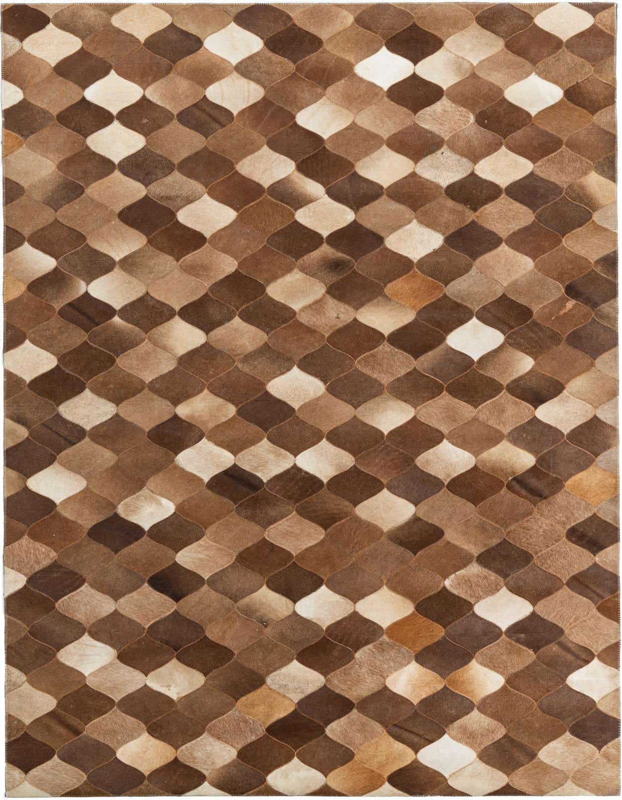 A 5x8 rectangular Cowhide Leather rug featuring a modern abstract pattern of interlocking brown and tan diamond shapes.