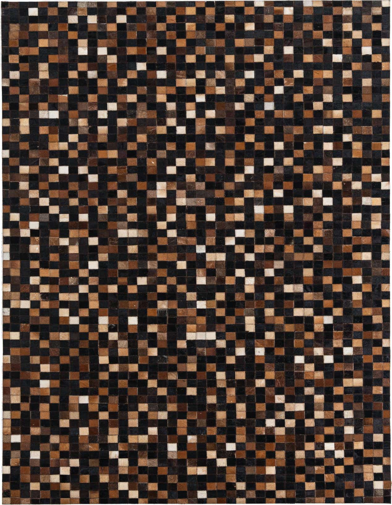 A rectangular 5x8 modern cowhide rug featuring a mosaic pattern of brown, tan, and black leather squares.