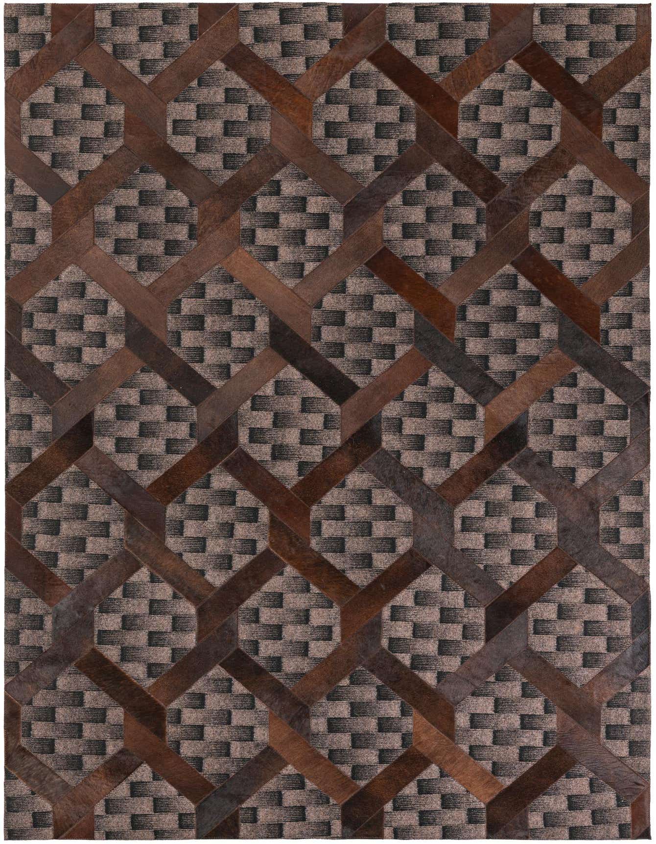 A rectangular 5x8 Cowhide Leather rug featuring a geometric lattice pattern in varying shades of brown and tan, with a flat pile.