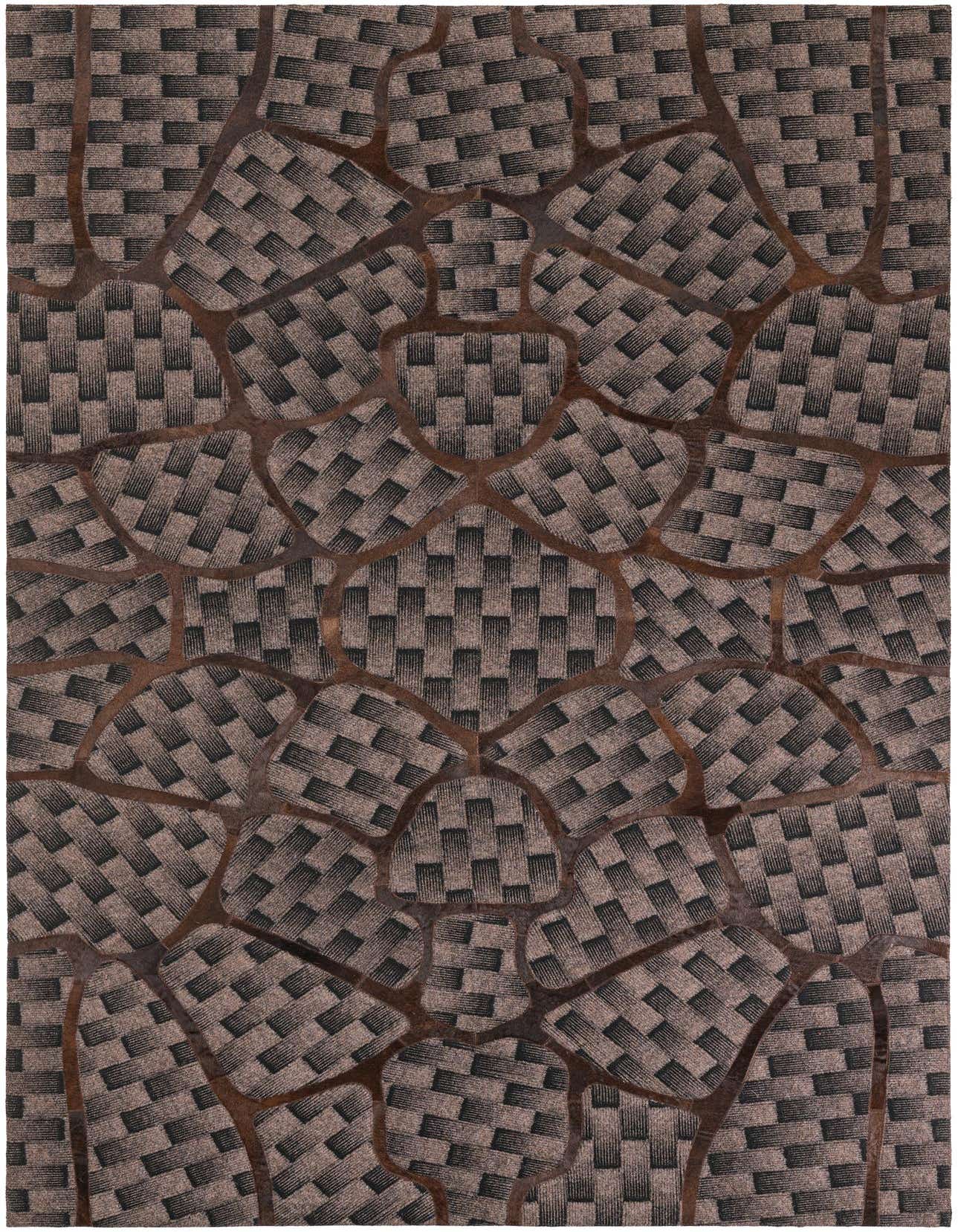 A rectangular 5x8 modern brown and tan cowhide and leather rug with an abstract geometric pattern.