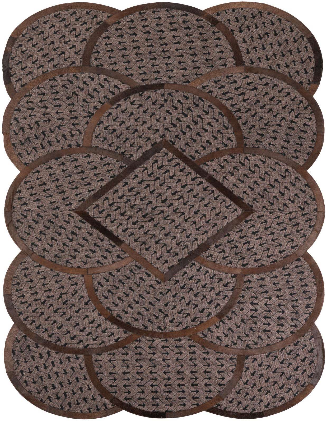 A 5x8 rectangular Cowhide Leather rug featuring a modern abstract pattern of brown and tan interlocking circles and a central diamond shape.