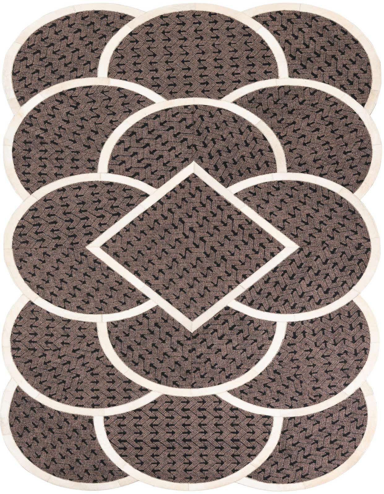A 5x8 rectangular Cowhide Leather rug featuring a modern abstract pattern of brown semicircles and a central diamond, all outlined in tan.