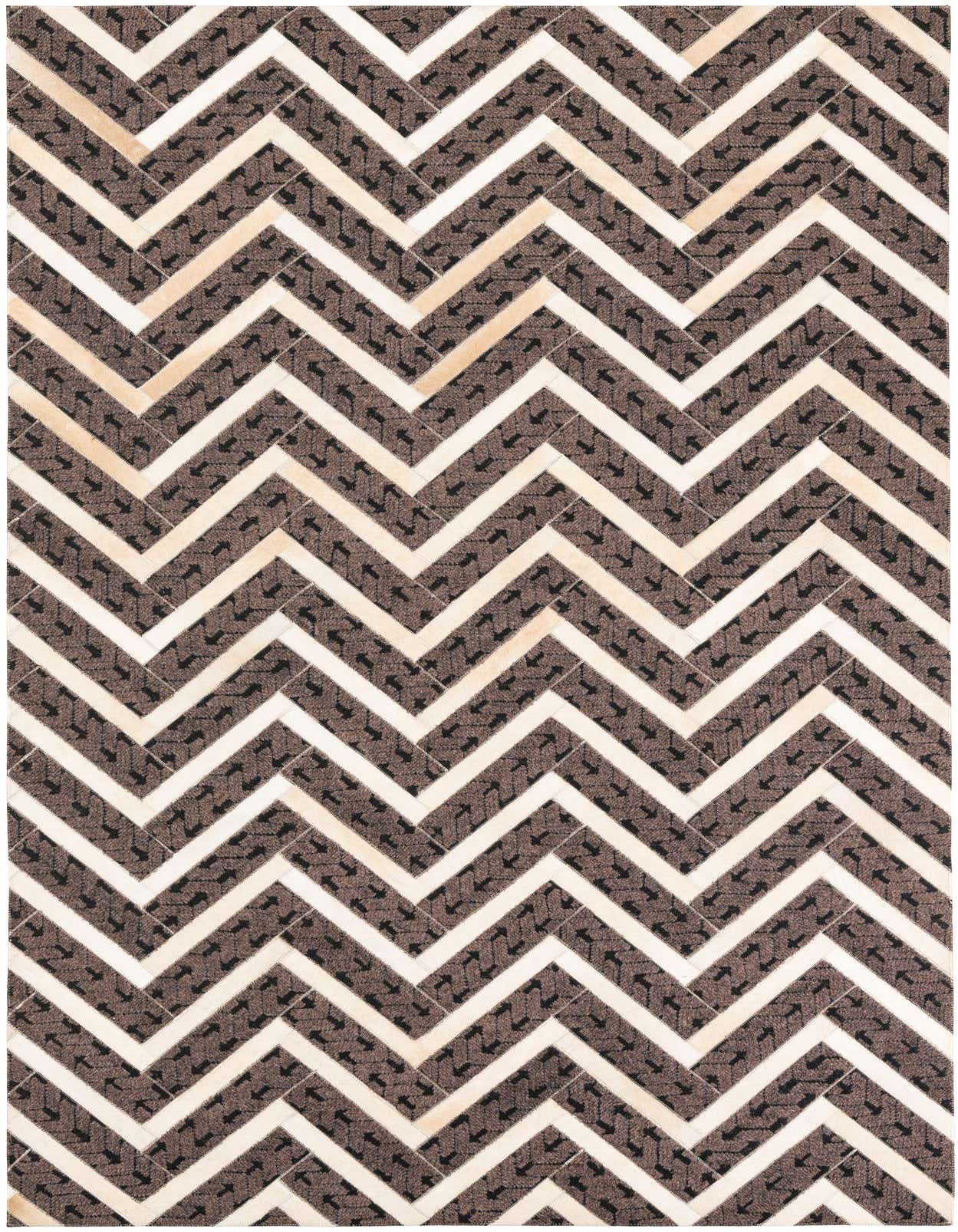 A 5x8 rectangular Cowhide Leather rug featuring a modern chevron pattern in shades of brown and tan.
