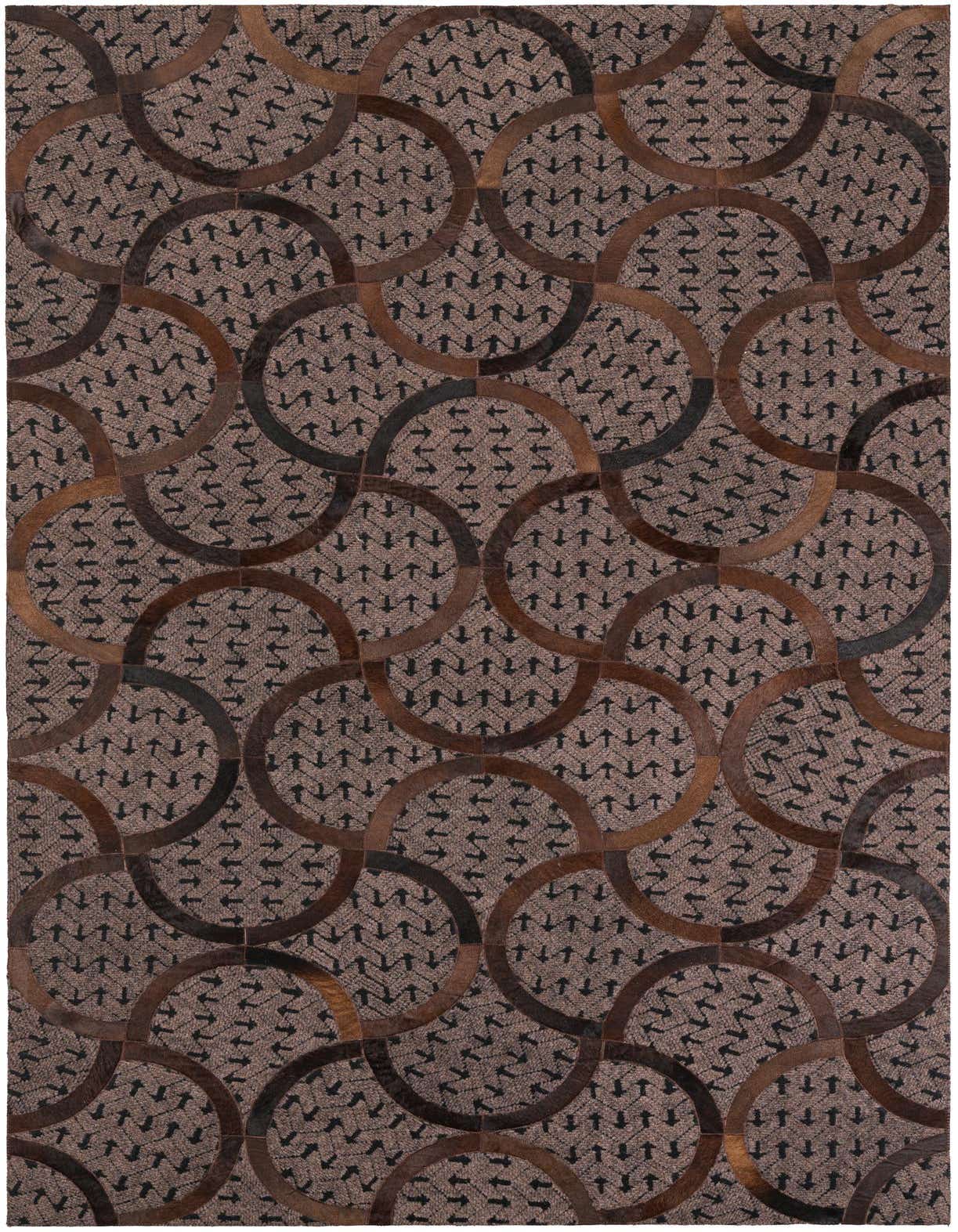 A rectangular 5x8 modern area rug featuring a repeating abstract pattern of interlocking brown and tan cowhide leather circles over a textured brown background.