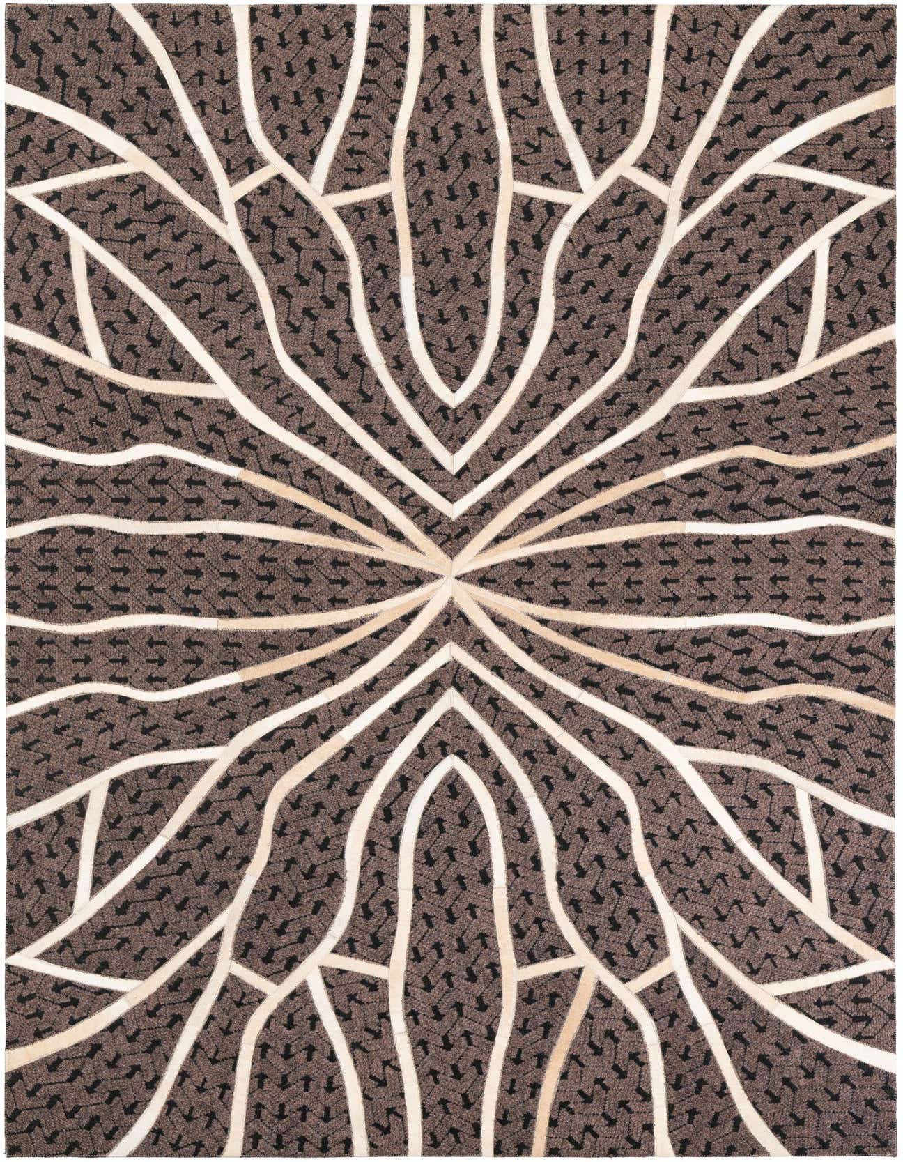 A 5x8 rectangular brown and tan cowhide leather rug with a modern, abstract branching pattern.