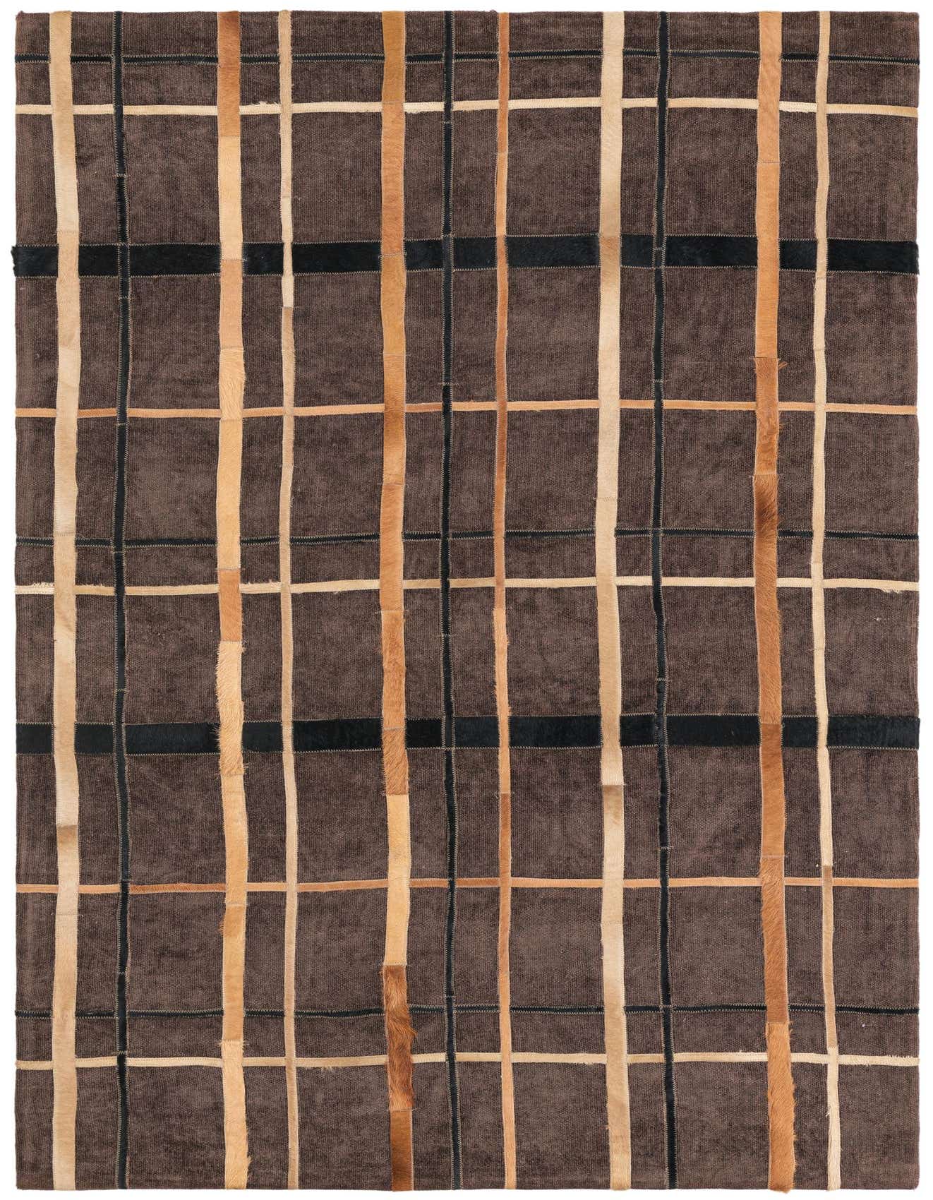 A 4x6 rectangular Cowhide Leather rug featuring a modern abstract plaid pattern in varying shades of brown and tan.