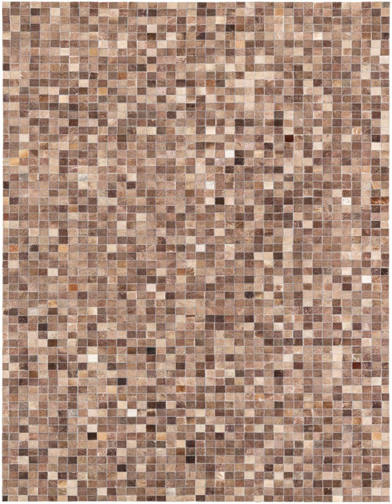 A 5x8 rectangular Cowhide Leather rug featuring a modern, abstract mosaic pattern in various shades of brown and tan.