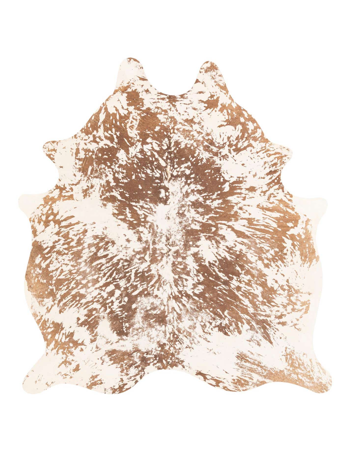 A 6x9 rectangular cowhide rug with a natural, irregular shape, featuring mottled brown and tan patterns, ideal for a living room.