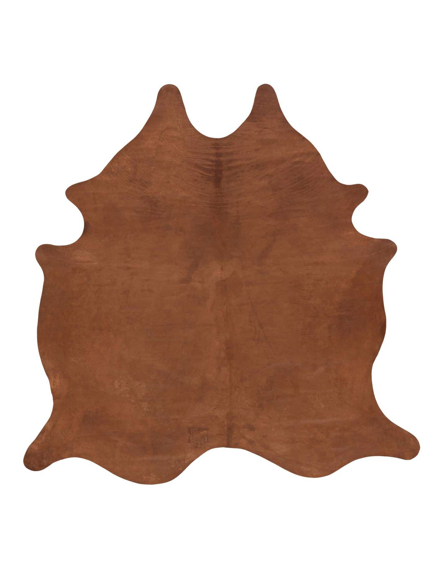 A 6x9 rectangular brown cowhide rug with natural, irregular edges, showcasing its flat, textured pile.