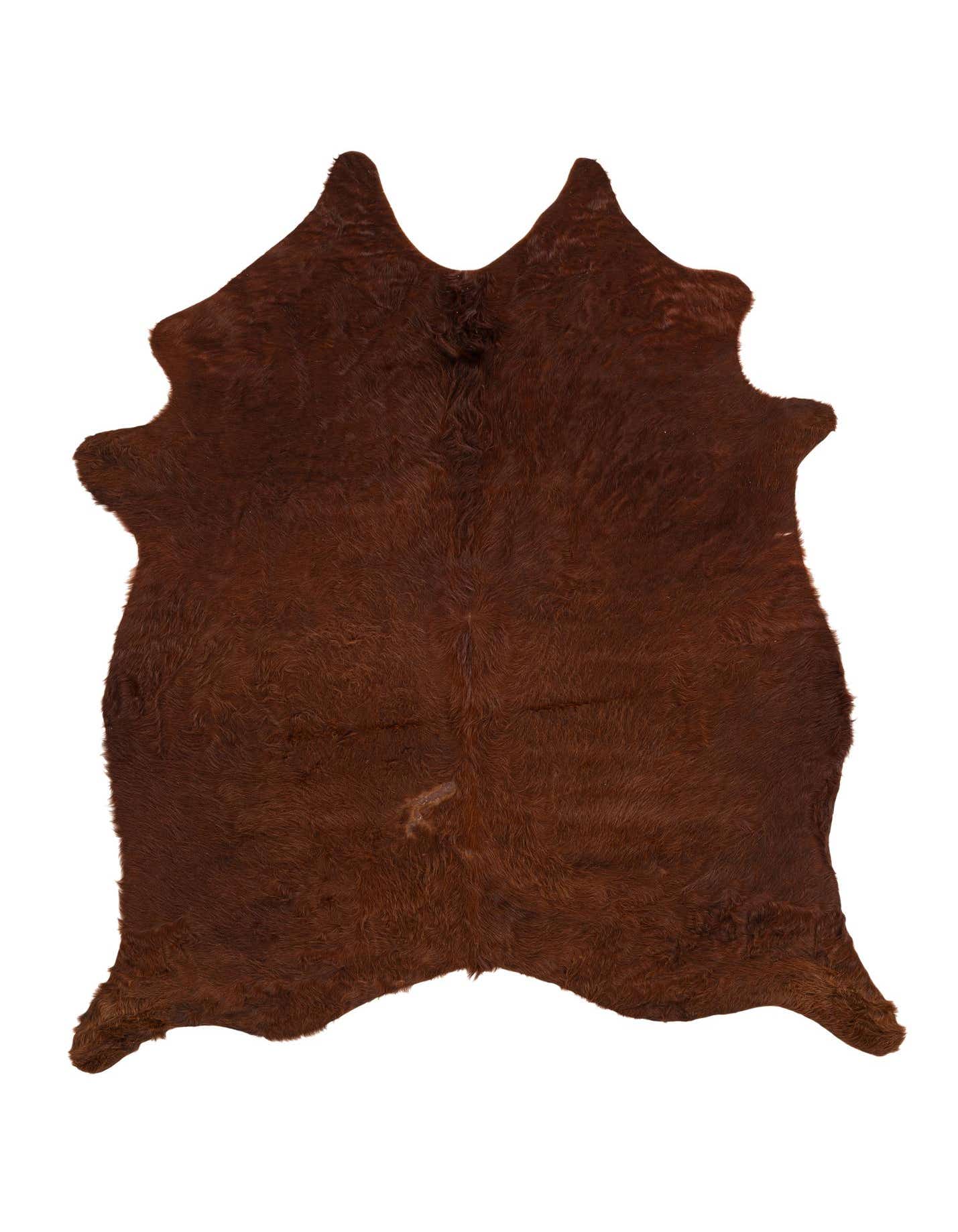 A 5x7 rectangular brown cowhide leather rug with a textured, flat pile, perfect for an indoor space.