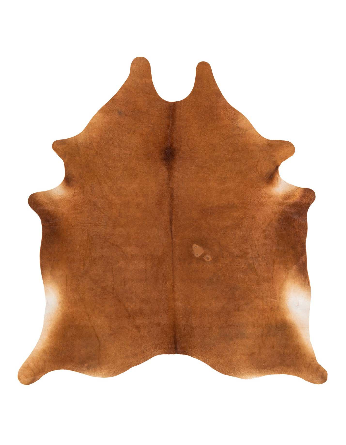 A 5x7 rectangular cowhide rug in varying shades of brown and tan with natural, irregular edges.
