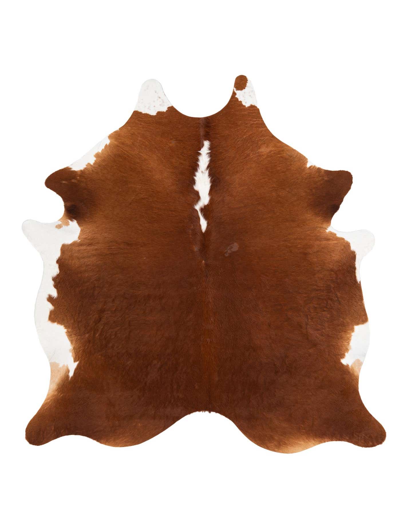 A 5x8 rectangular brown and white cowhide rug with a natural, irregular shape, featuring rich brown fur with white patches.