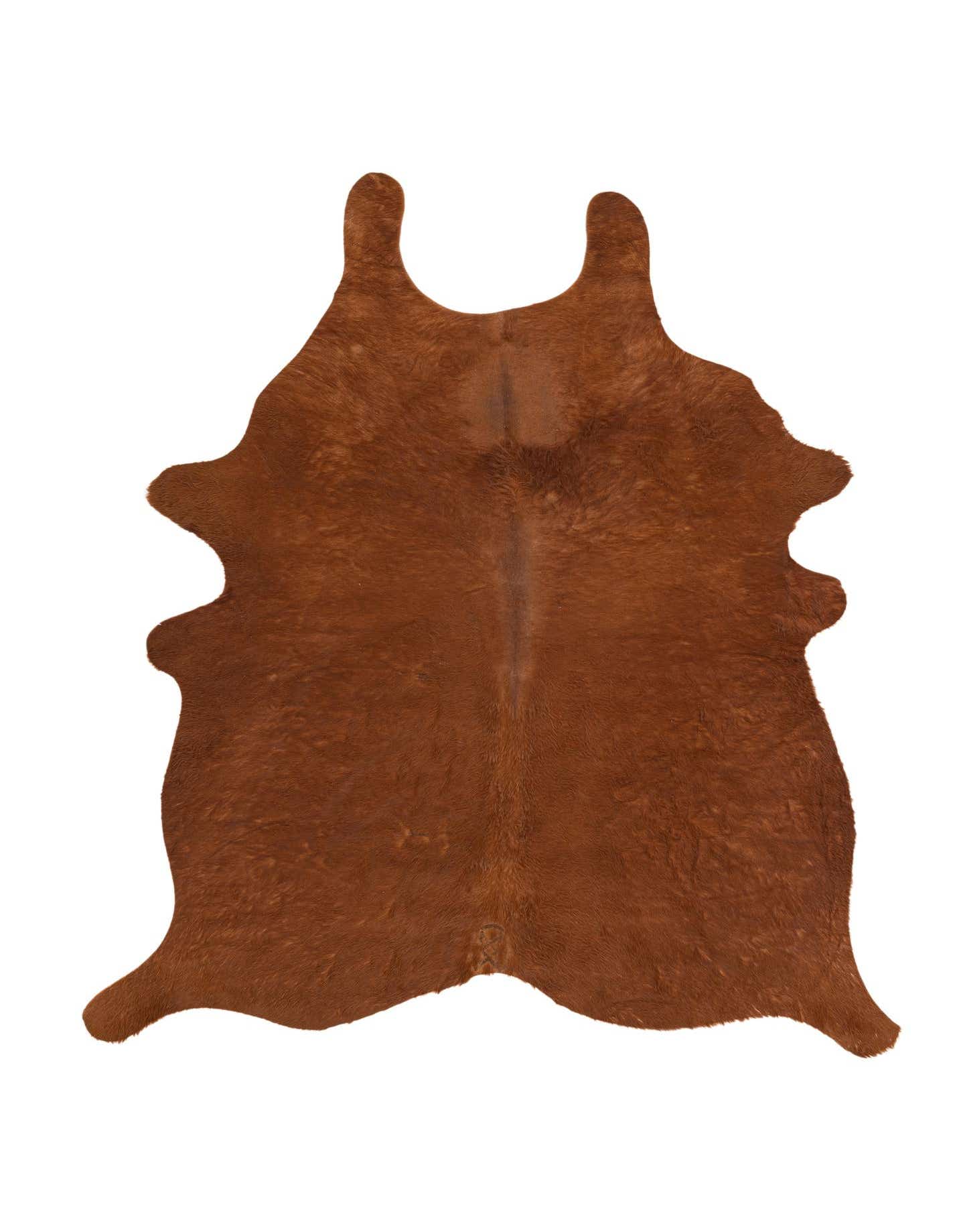 A 4x6 brown cowhide rug with a natural, irregular shape and textured flat pile, perfect for a modern living room.