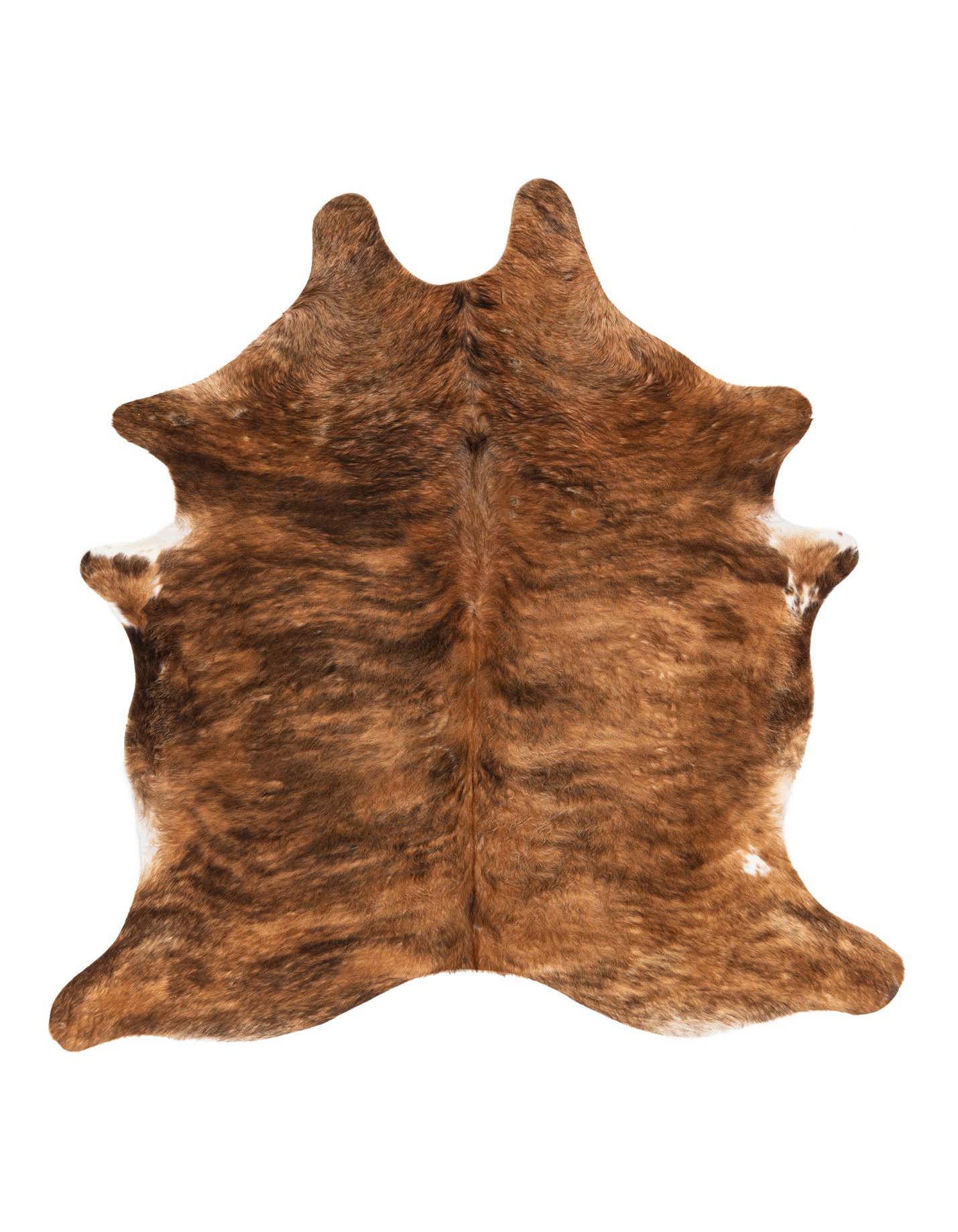 A 5x7 rectangular cowhide rug featuring a natural brindle pattern in shades of brown and tan.