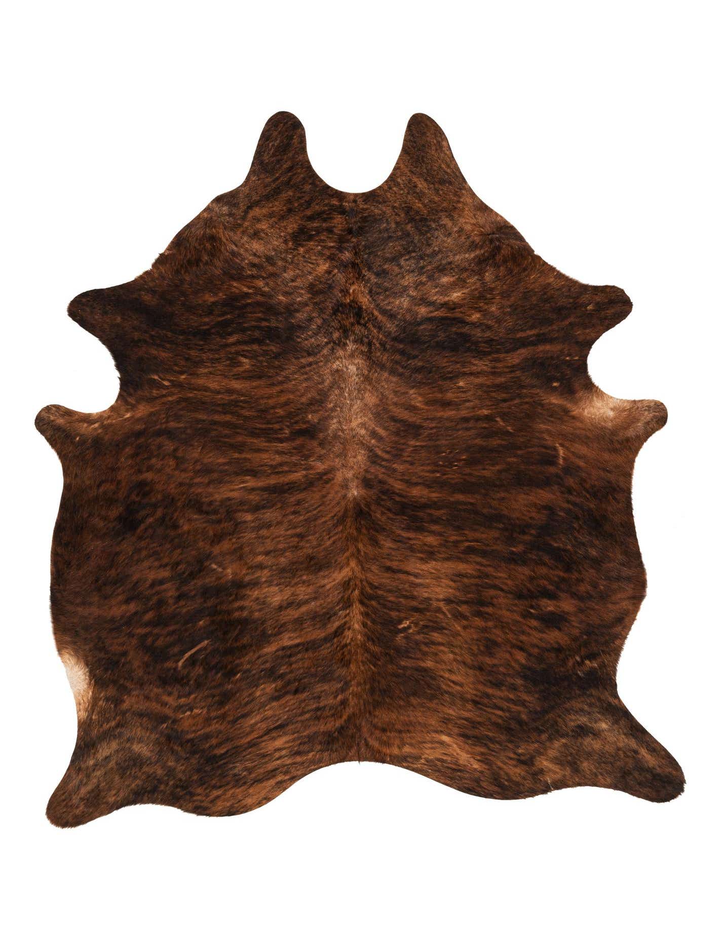 A 5x8 rectangular Cowhide Leather rug featuring natural brown and tan brindle patterns, ideal for a modern living room.