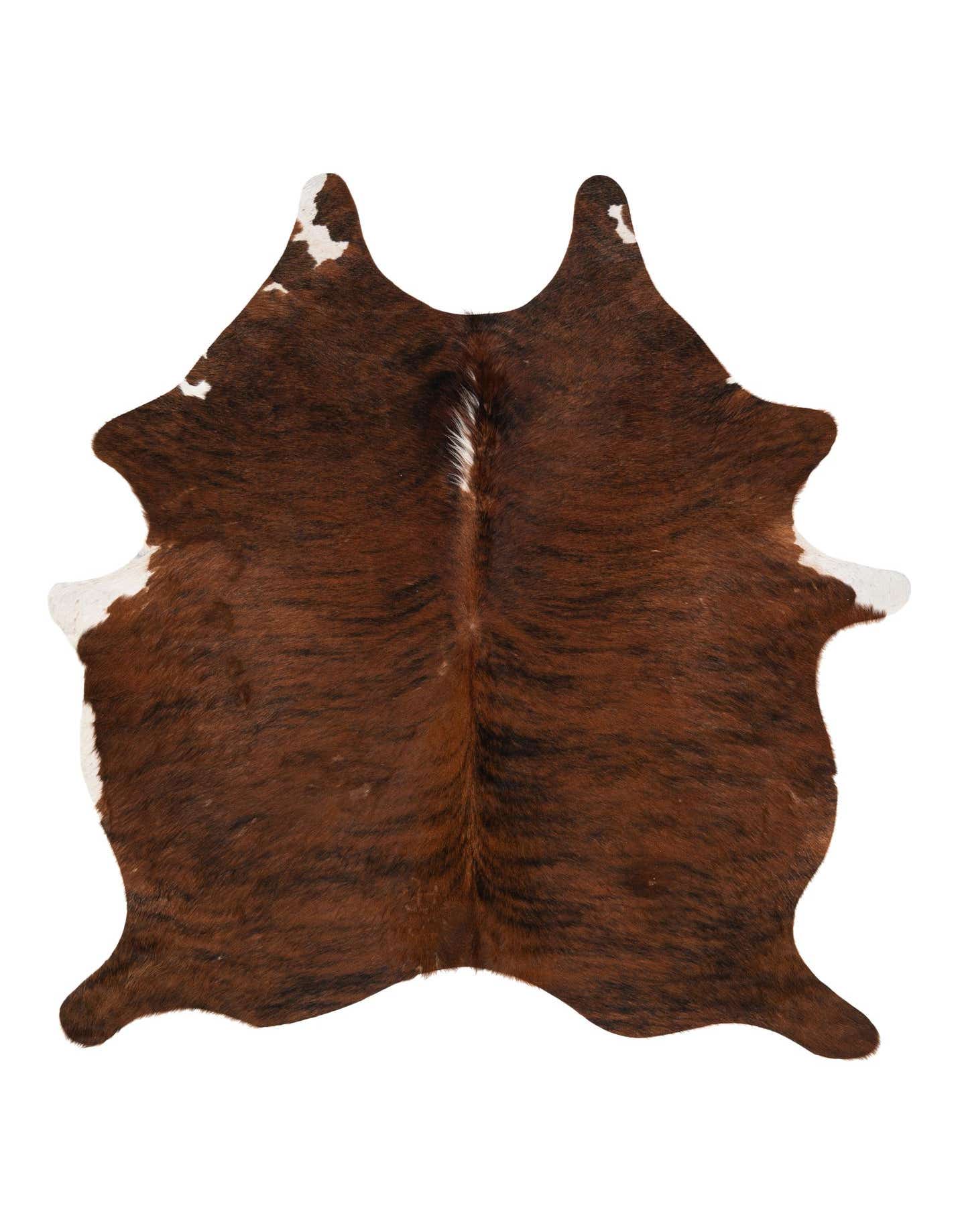 A 5x7 rectangular cowhide leather rug in varying shades of brown and tan with natural white accents.