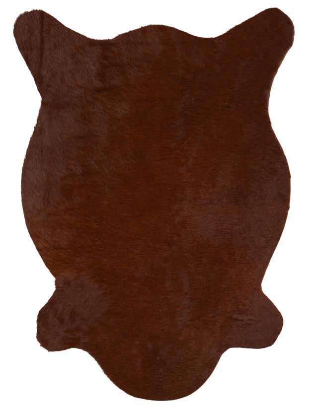 A 2x3 brown cowhide rug with a natural, irregular shape, featuring a flat, textured pile.