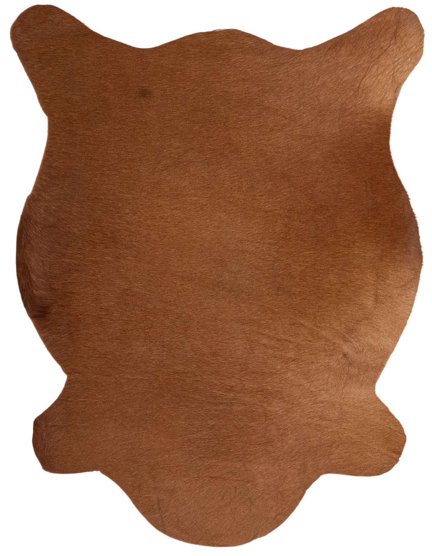 A 2x3 rectangular Rugs.com Cowhide Leather rug in solid brown and tan, showcasing its natural shape and textured flat pile.